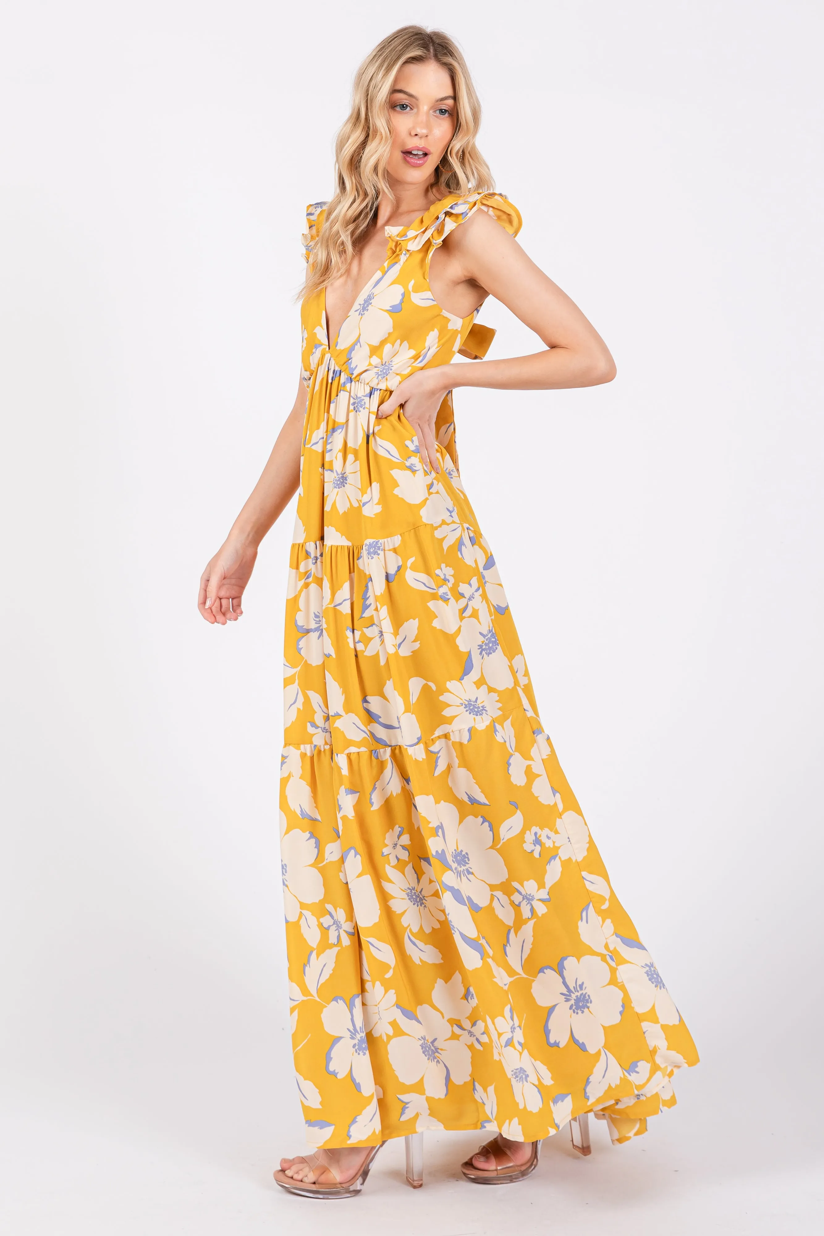 Yellow Floral Deep V-Neck Open Back Maxi Dress sold by Pinkblush product image thumbnail 2