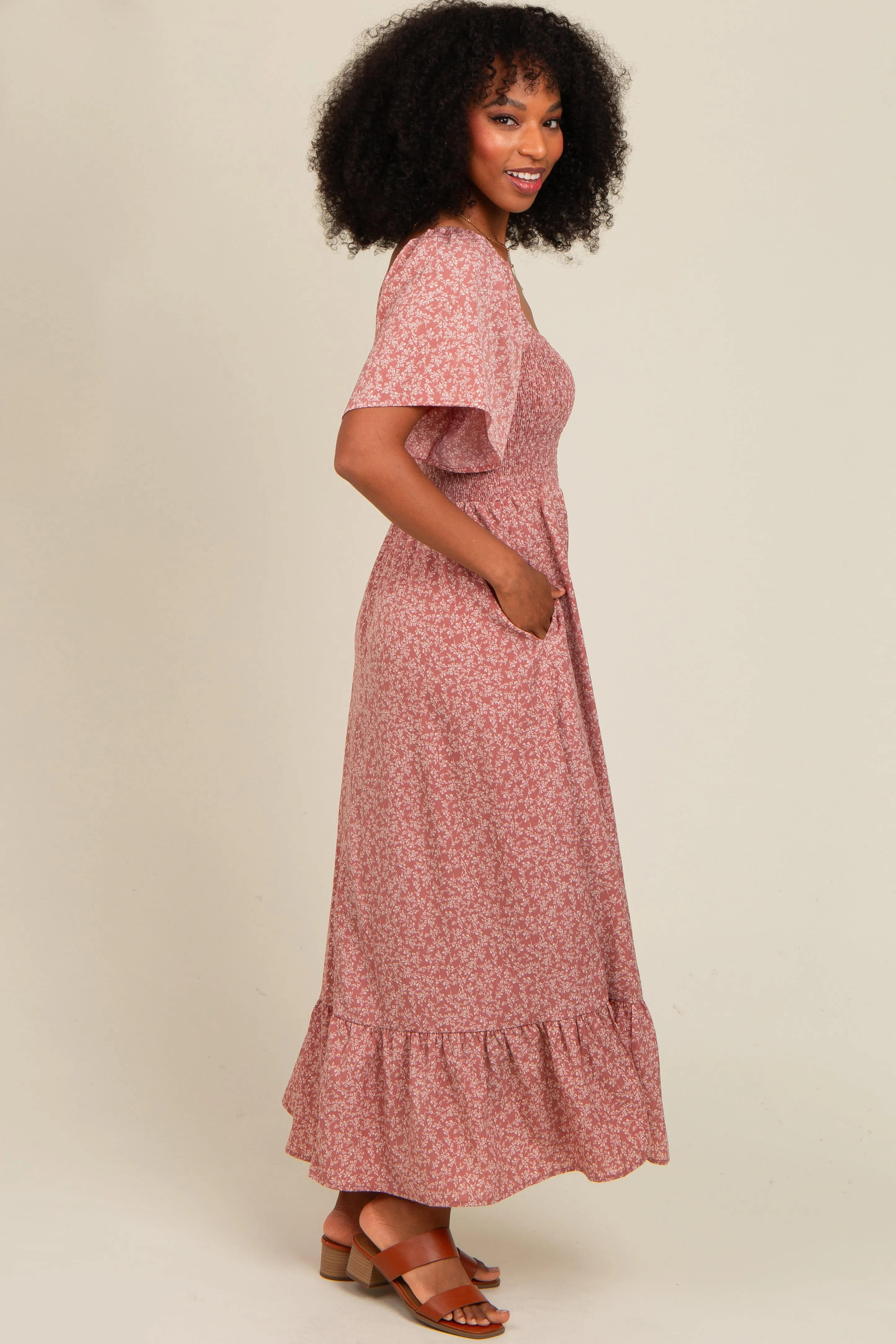 Mauve Flowy Ditsy Floral Smocked Midi Dress sold by Pinkblush product image thumbnail 3