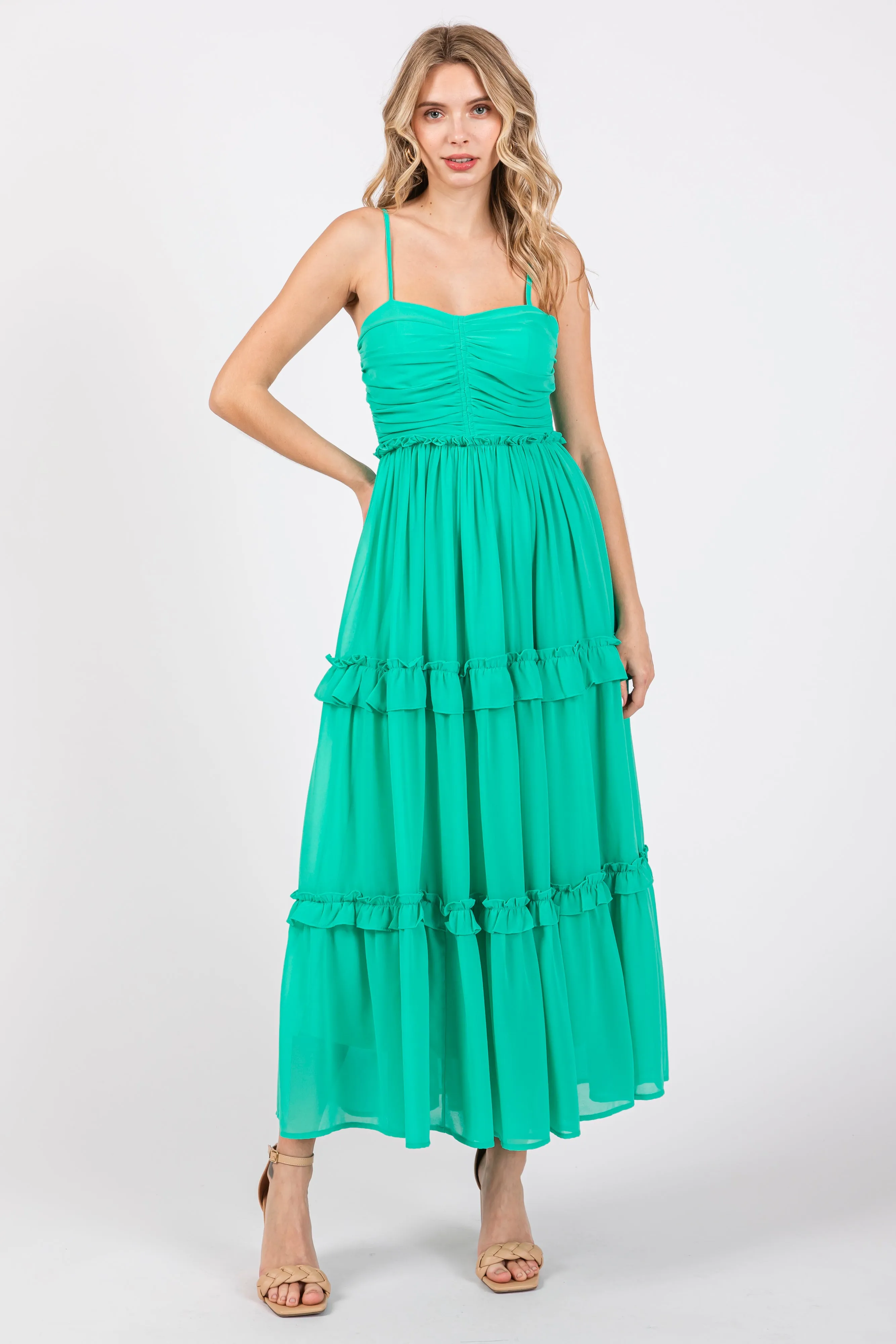 Green Sleeveless Pleated Ruffle Tiered Midi Dress sold by Pinkblush