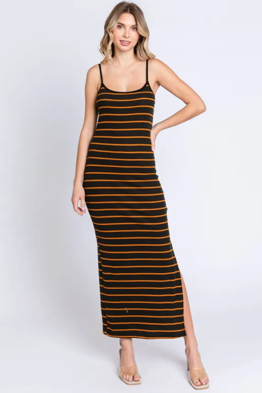 Black Striped Ribbed Side Slit Midi Dress sold by Pinkblush