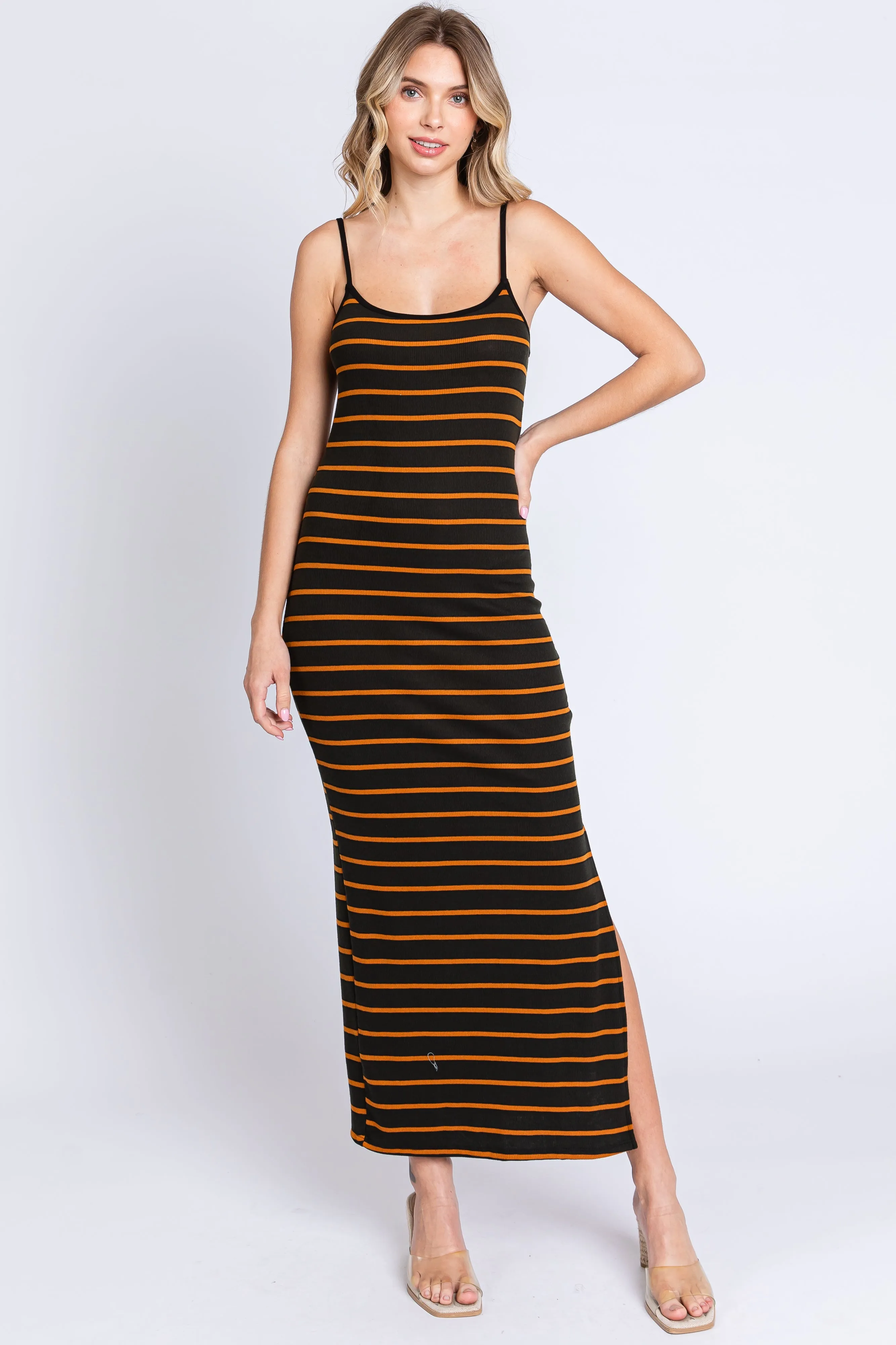 Black Striped Ribbed Side Slit Midi Dress sold by Pinkblush