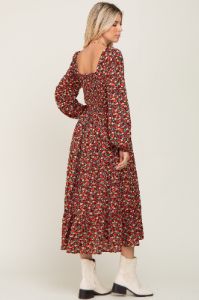 Black Floral Smocked Long Sleeve Midi Dress sold by Pinkblush