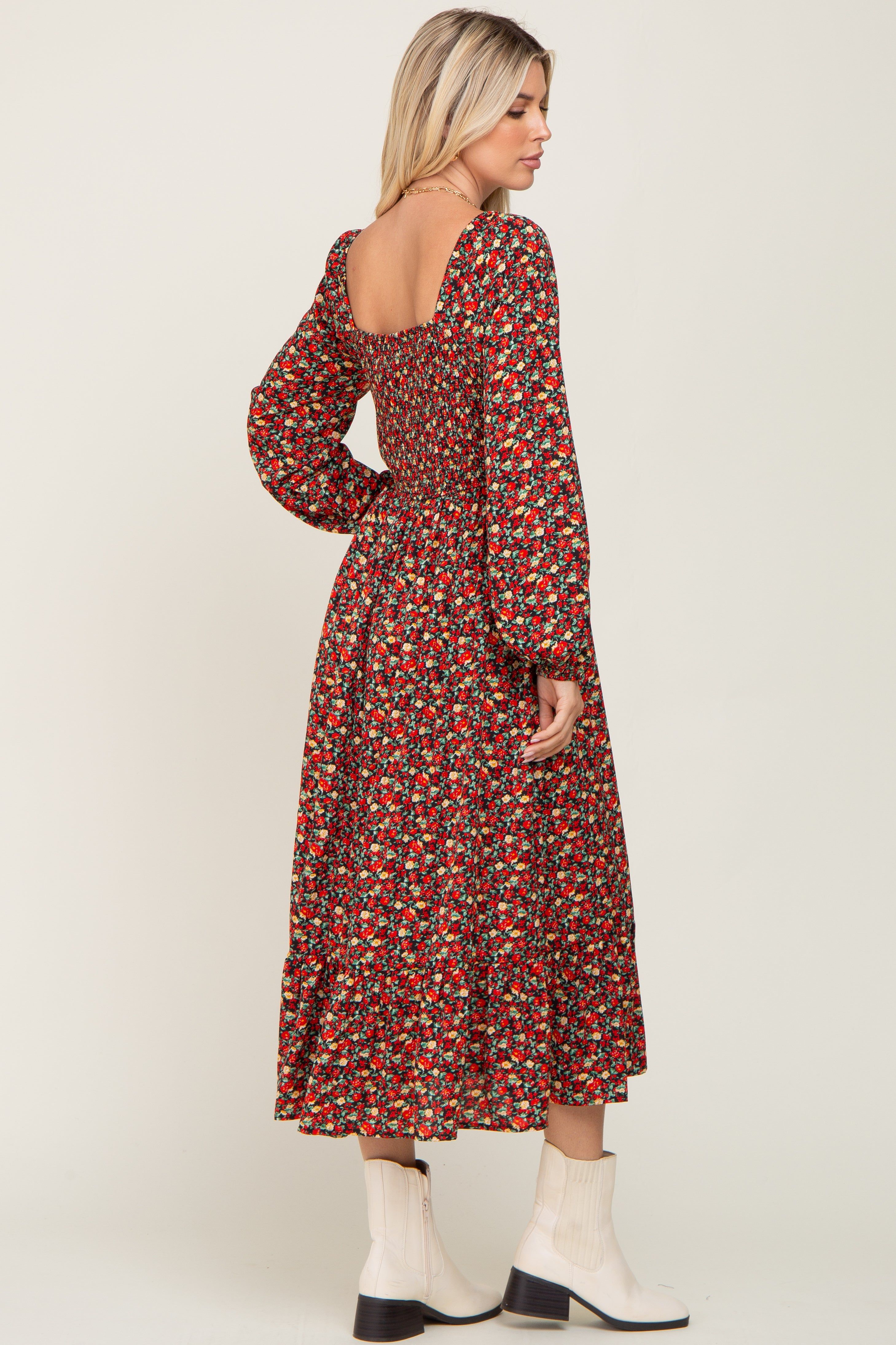 Black Floral Smocked Long Sleeve Midi Dress sold by Pinkblush product image thumbnail 3