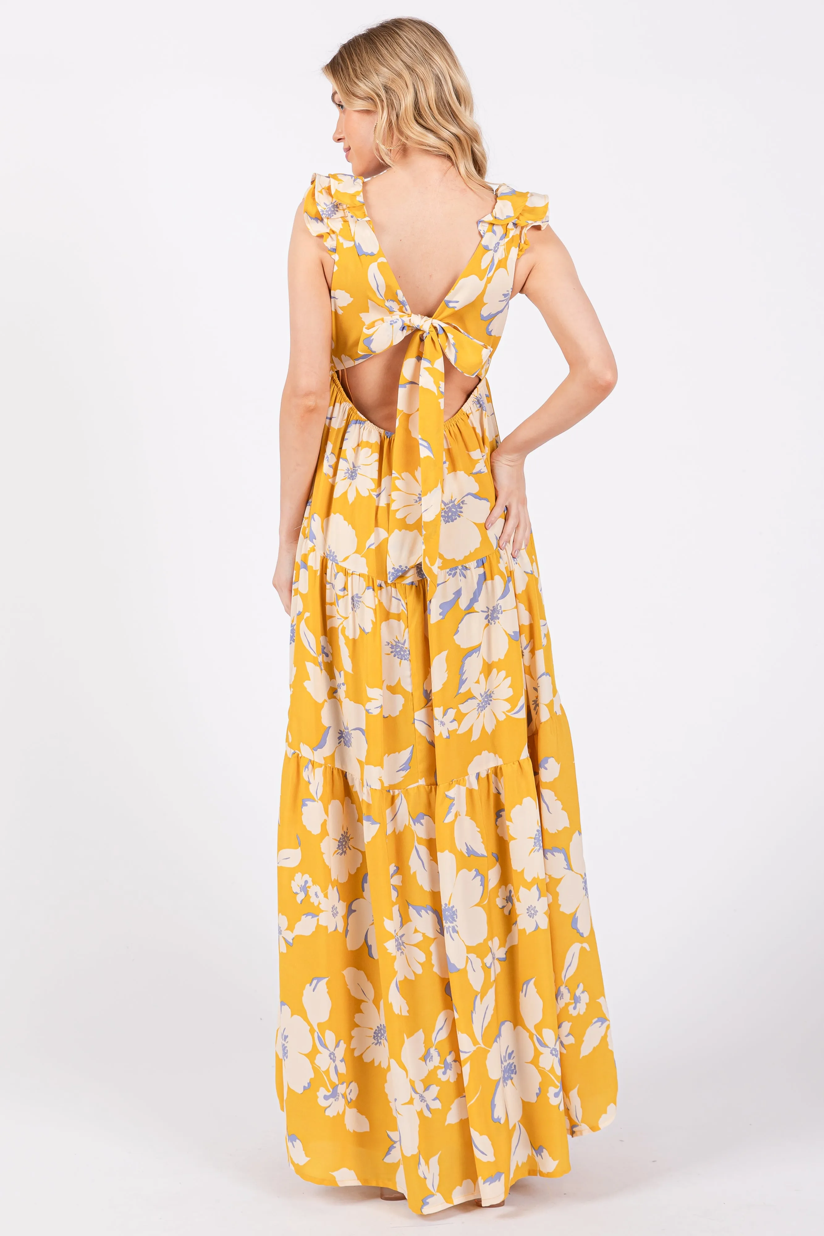 Yellow Floral Deep V-Neck Open Back Maxi Dress sold by Pinkblush product image thumbnail 3