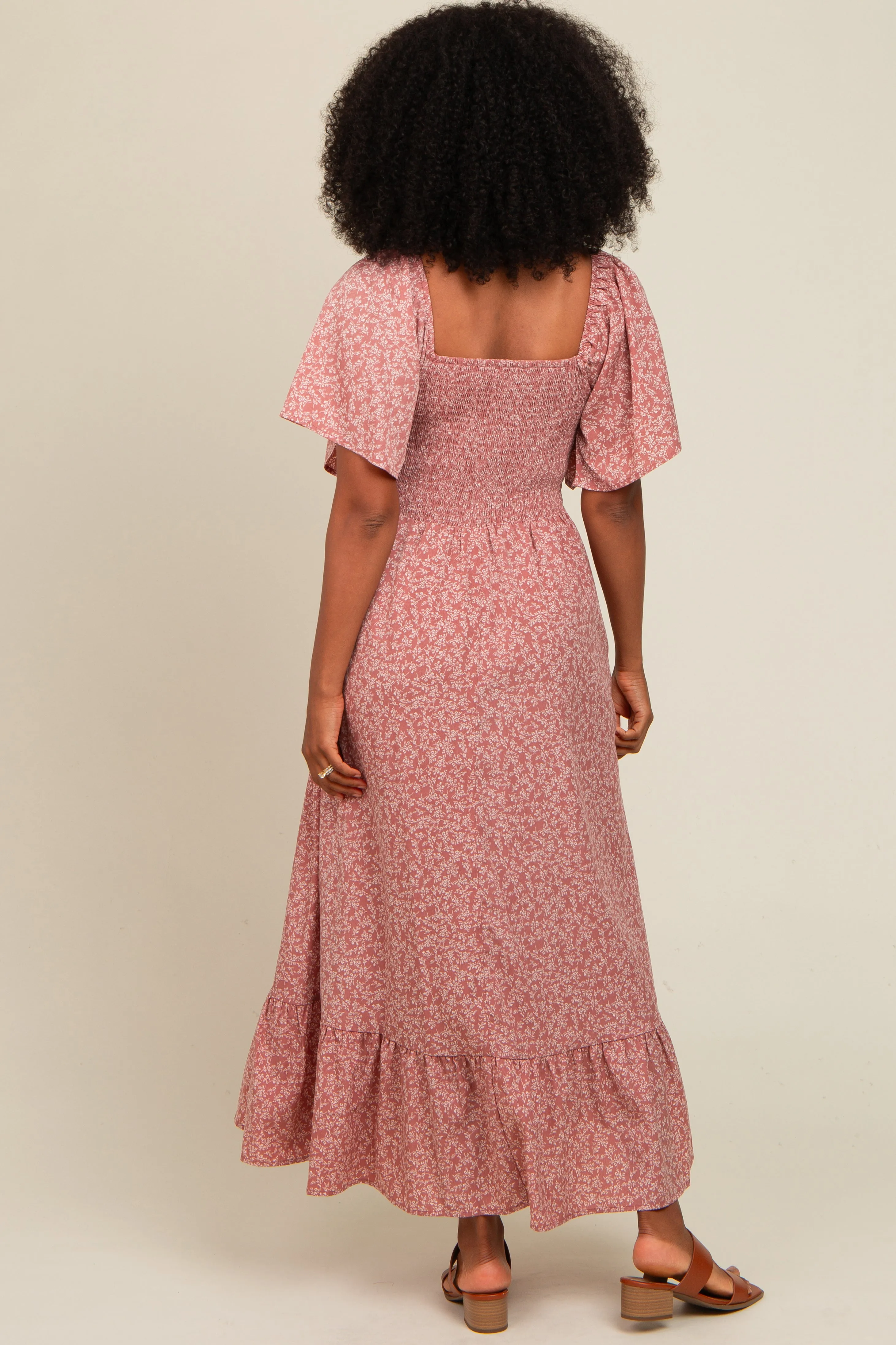 Mauve Flowy Ditsy Floral Smocked Midi Dress sold by Pinkblush product image thumbnail 4