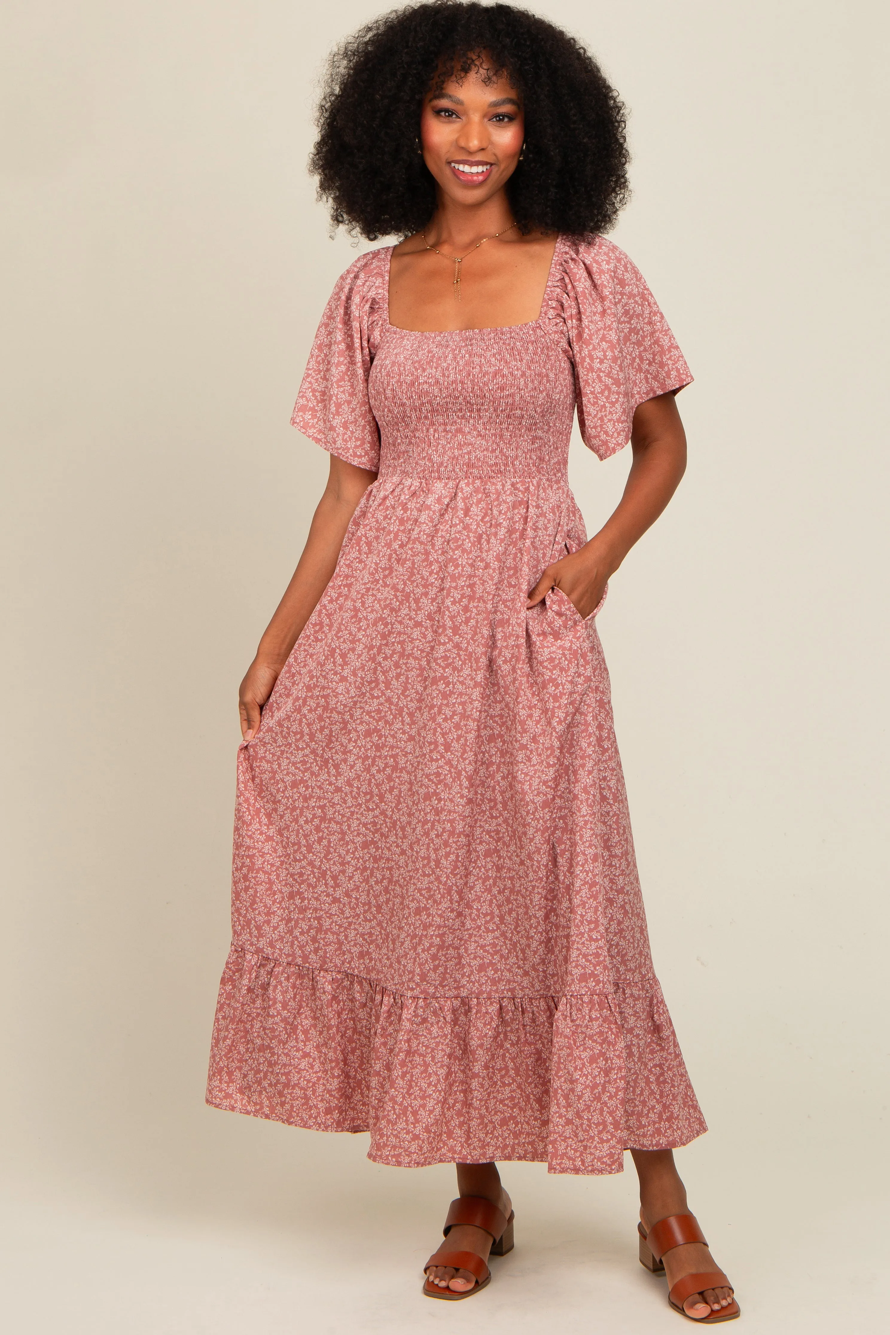 Mauve Flowy Ditsy Floral Smocked Midi Dress sold by Pinkblush