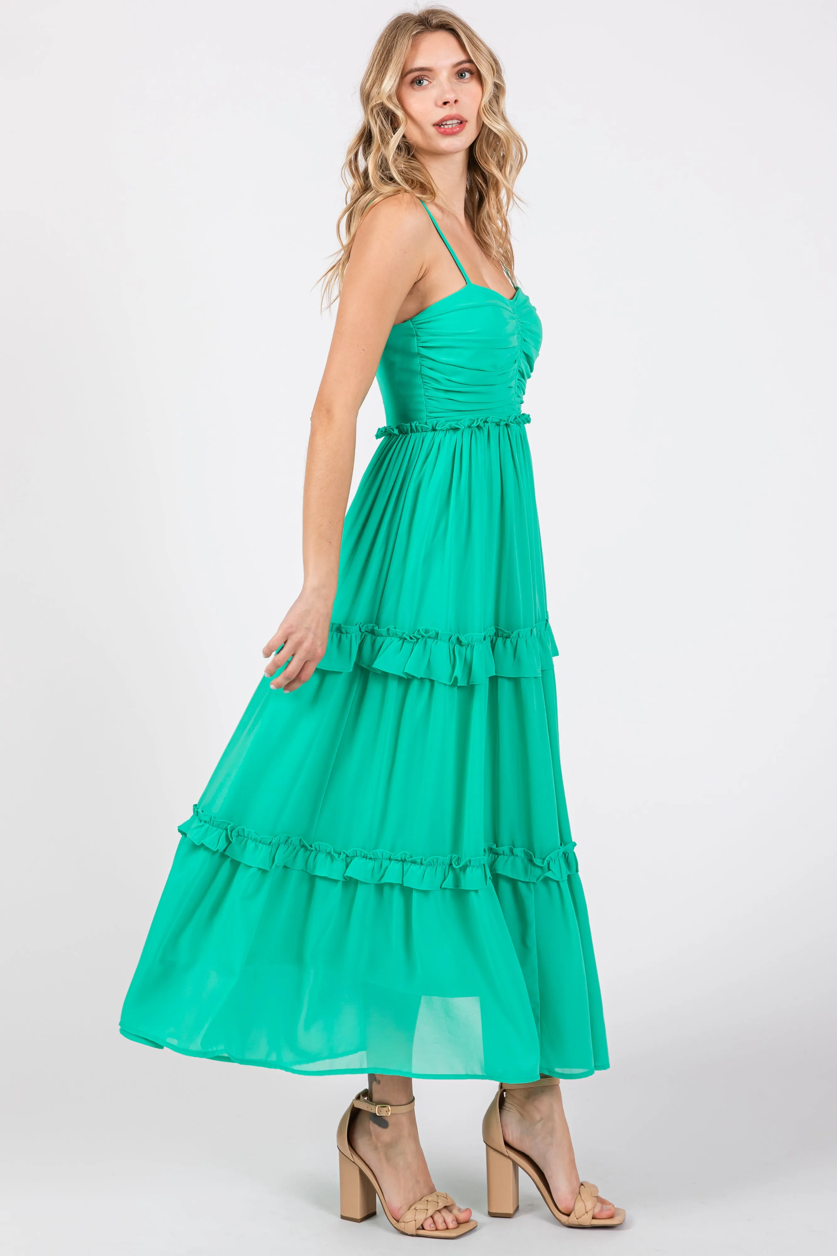 Green Sleeveless Pleated Ruffle Tiered Midi Dress sold by Pinkblush product image thumbnail 2