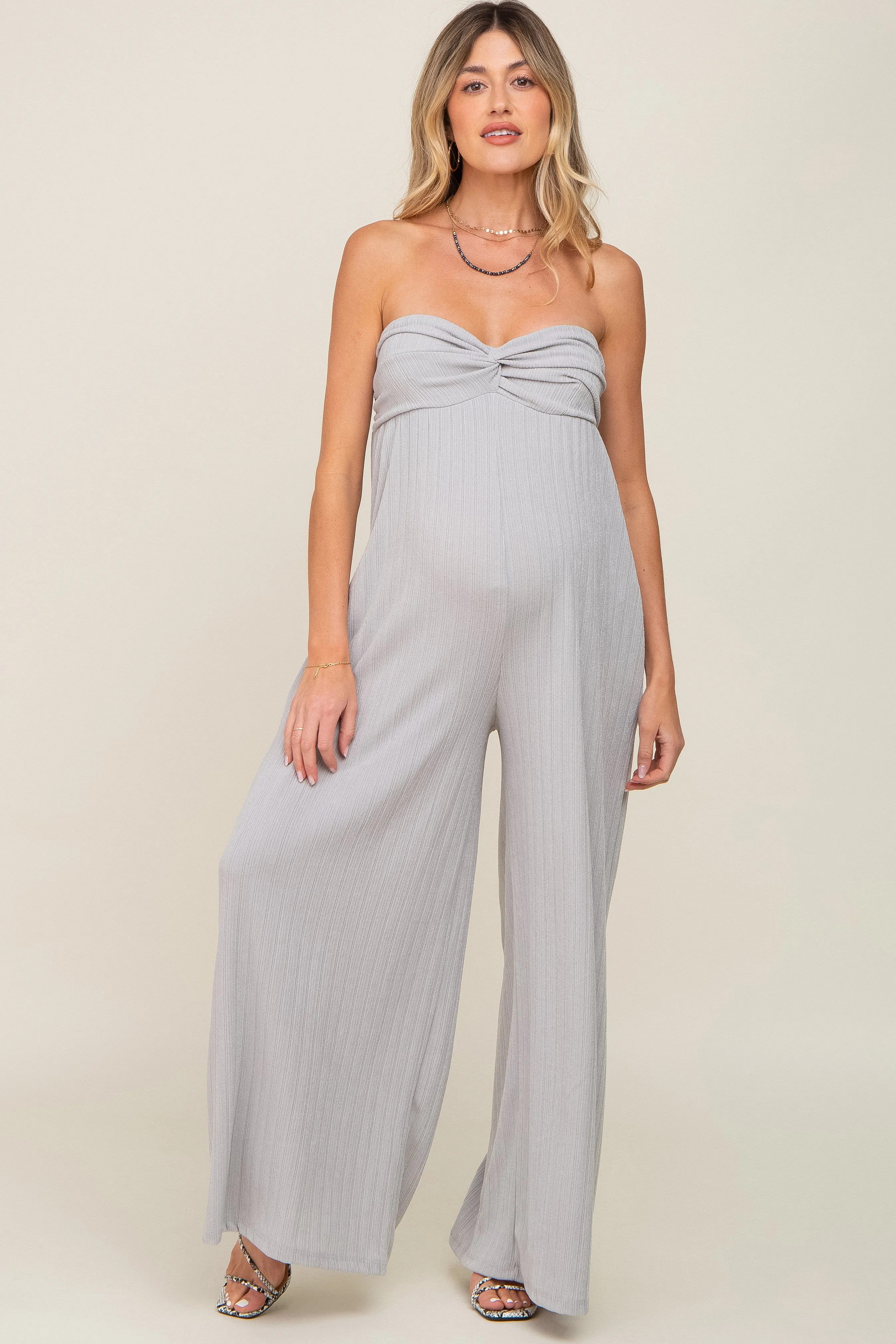 Grey Strapless Front Twist Maternity Jumpsuit sold by Pinkblush