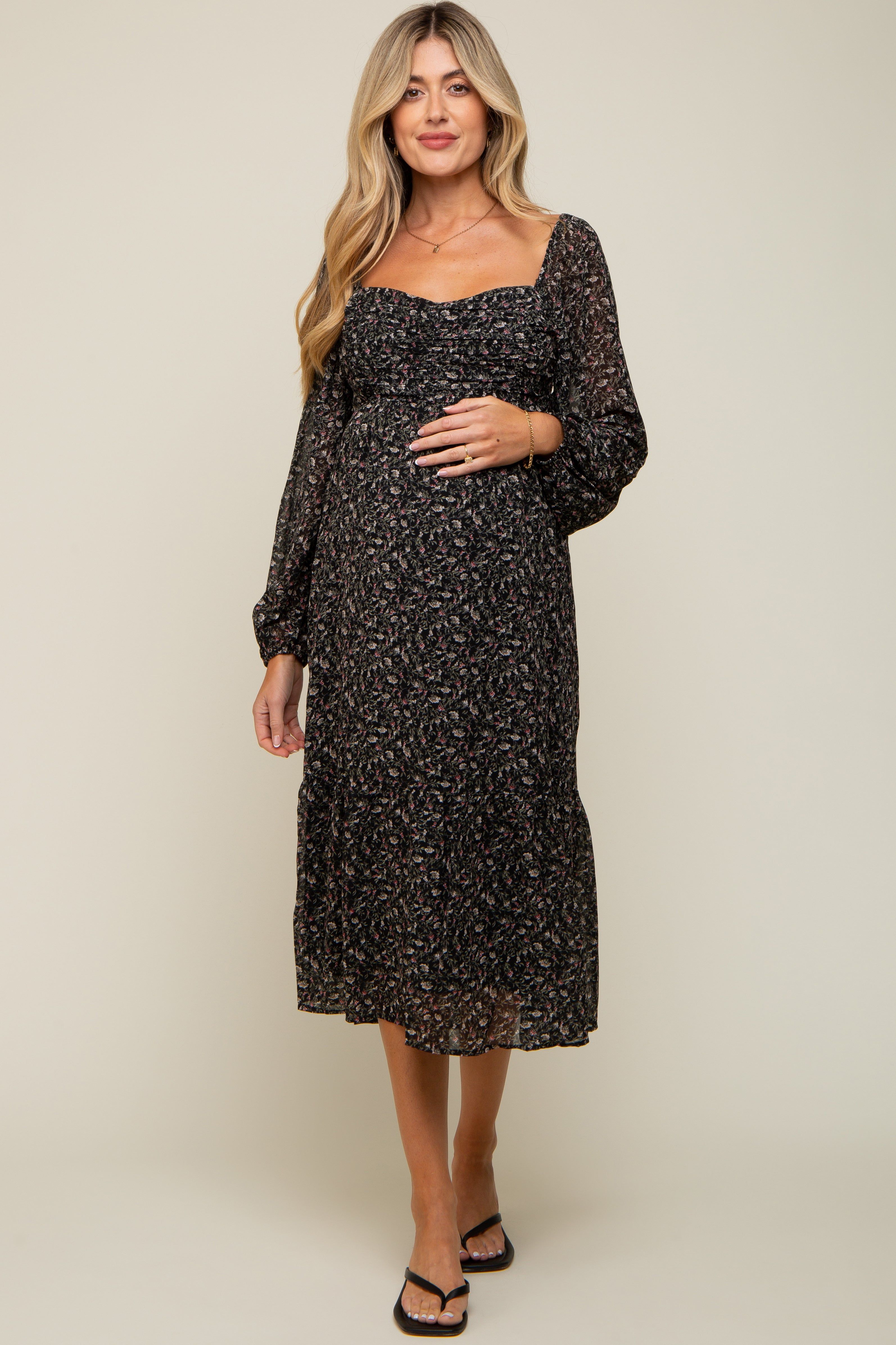 Black Floral Pleated Maternity Midi Dres sold by Pinkblush