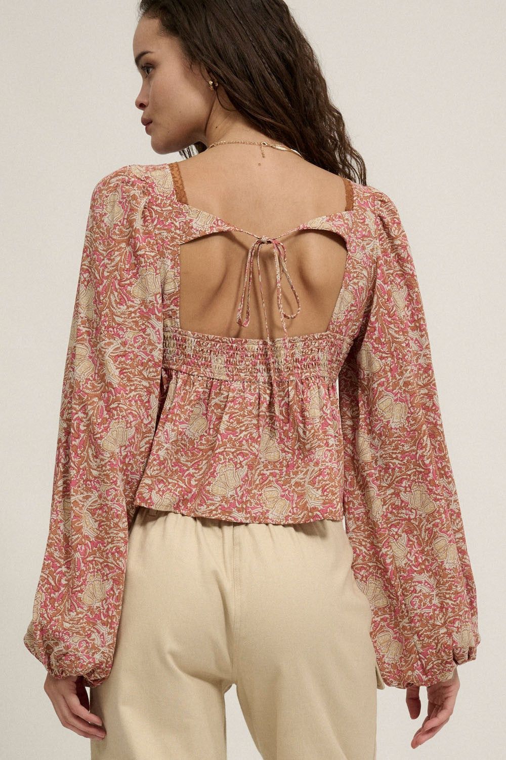 Taupe Floral V Neck Lace Trim Low Back Blouse sold by Pinkblush product image thumbnail 4