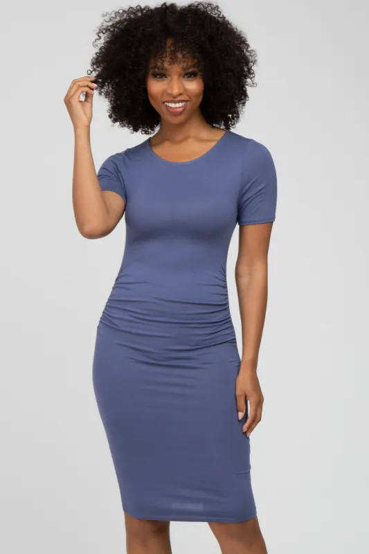 Navy Ruched Short Sleeve Dress sold by Pinkblush