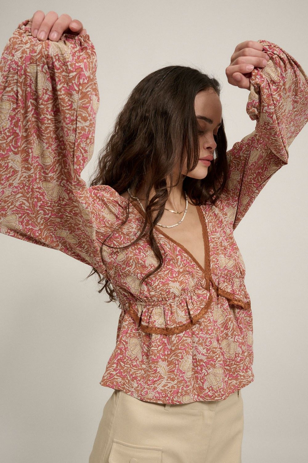 Taupe Floral V Neck Lace Trim Low Back Blouse sold by Pinkblush product image thumbnail 2