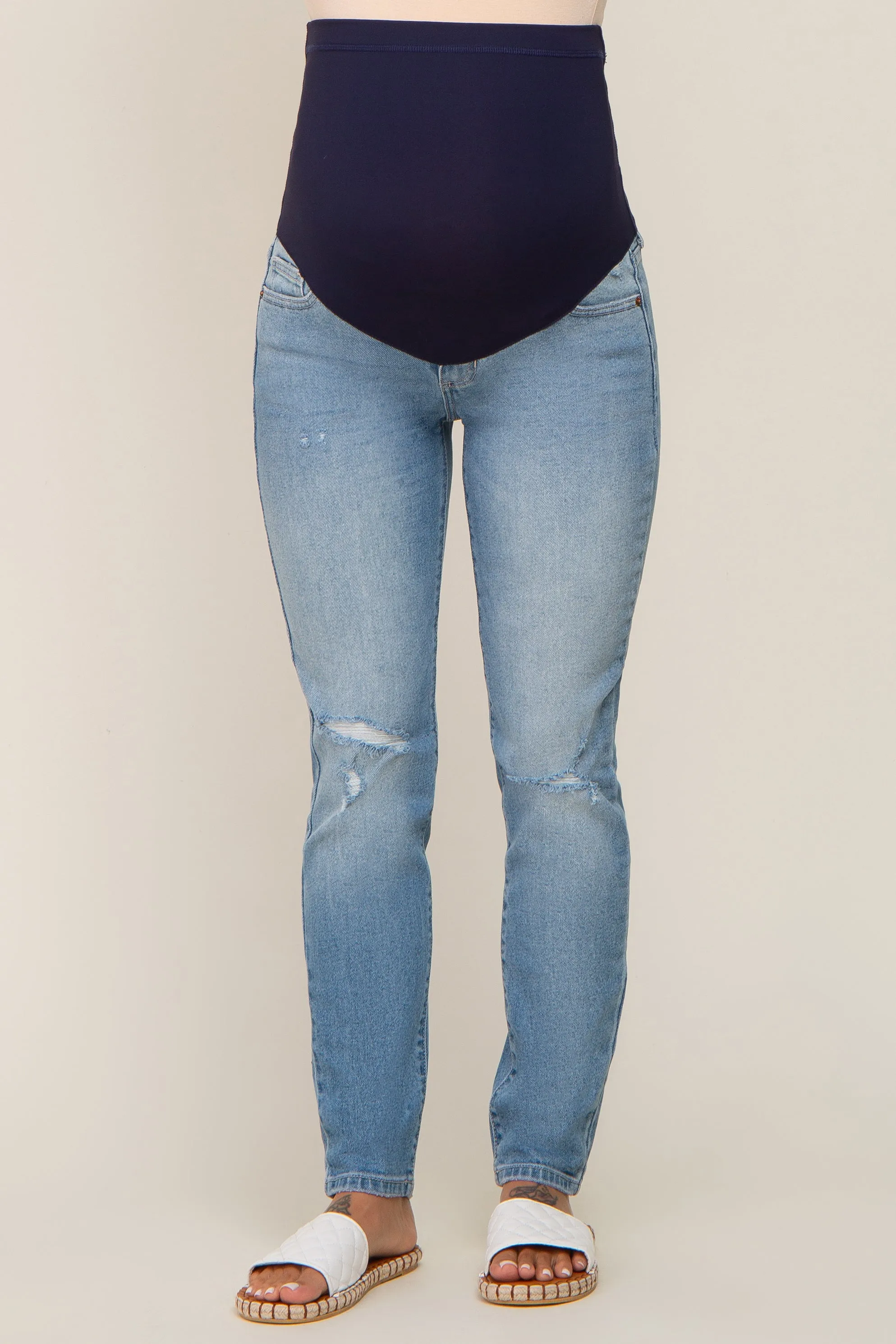 Blue Distressed Knee Maternity Slim Straight Leg Jeans sold by Pinkblush product image thumbnail 2