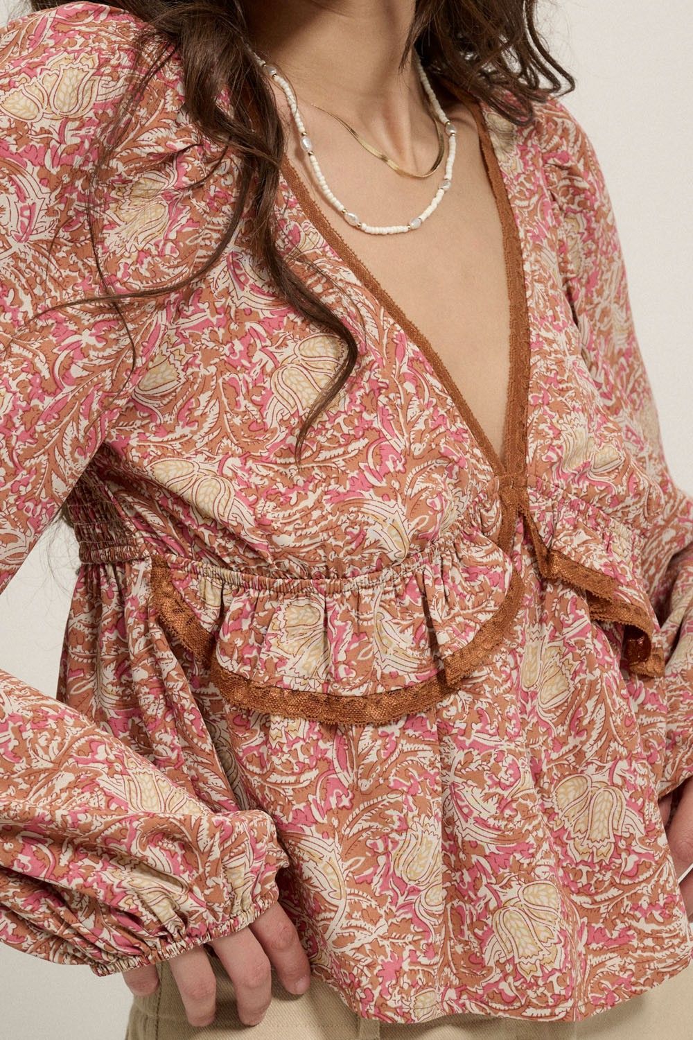 Taupe Floral V Neck Lace Trim Low Back Blouse sold by Pinkblush product image thumbnail 5