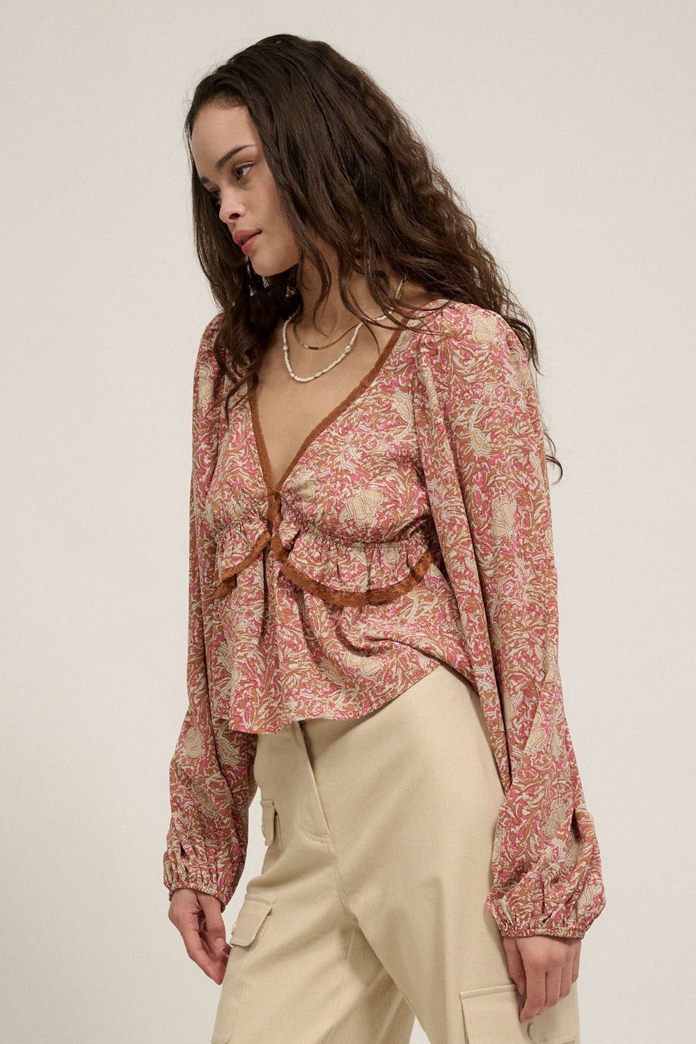 Taupe Floral V Neck Lace Trim Low Back Blouse sold by Pinkblush product image thumbnail 3