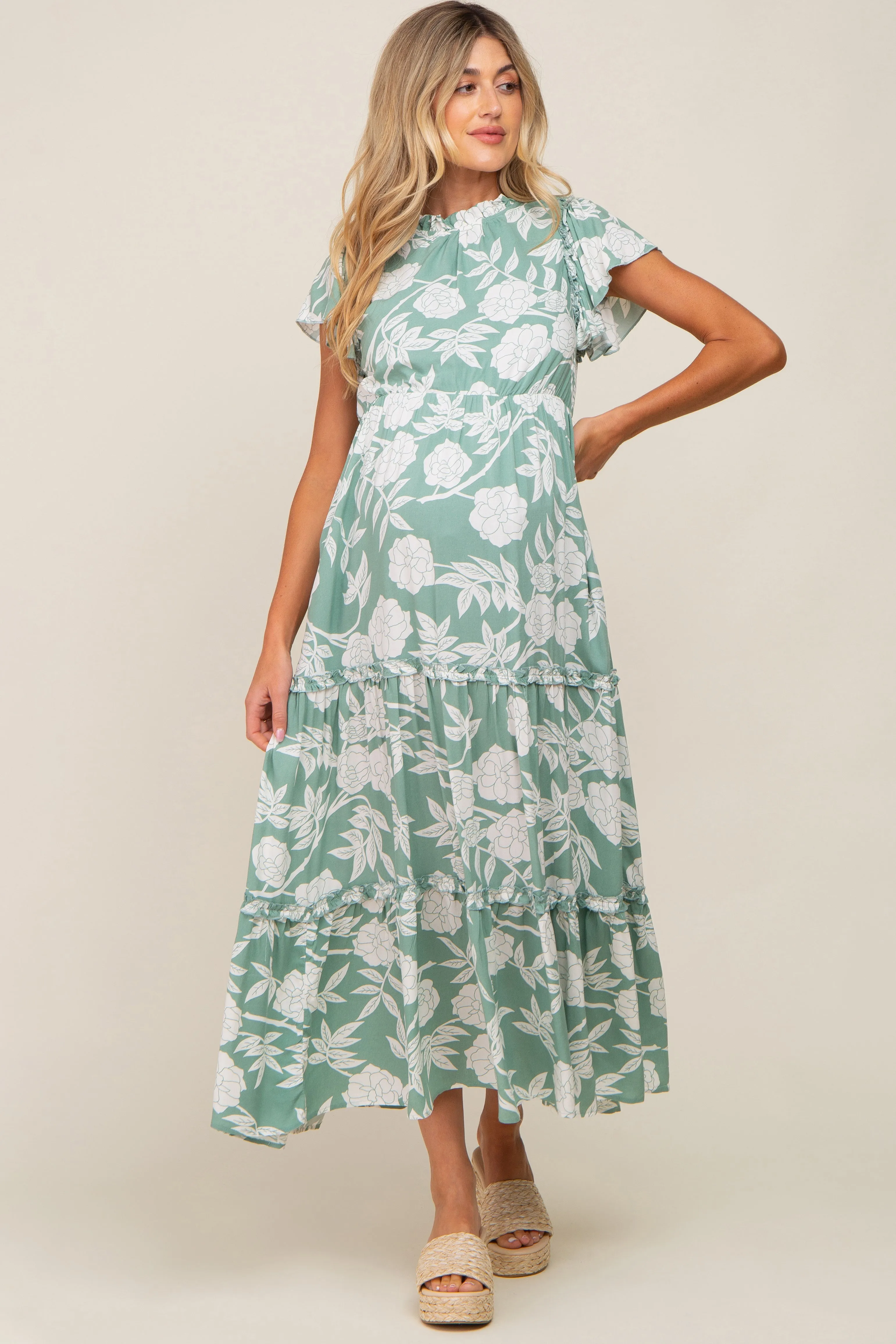 Light Olive Floral Tiered Ruffle Accent Maternity Maxi Dress sold by Pinkblush product image thumbnail 2