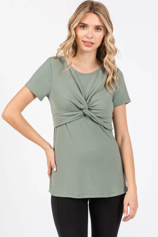 Light Olive Ribbed Twist Front Top sold by Pinkblush
