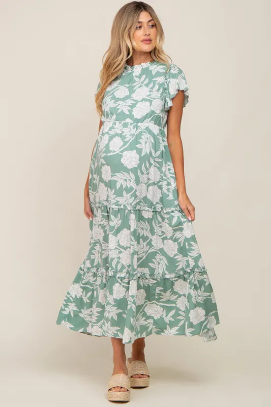 Light Olive Floral Tiered Ruffle Accent Maternity Maxi Dress sold by Pinkblush