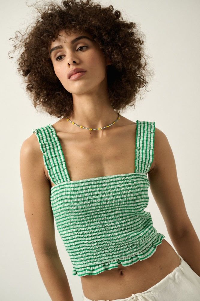 Green Smocked Striped Ruffled Cropped Cami Top sold by Pinkblush product image thumbnail 2
