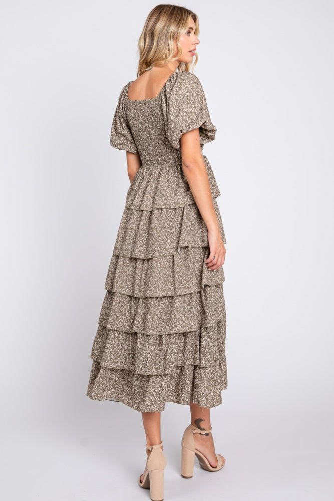 Olive Floral Flounce Tiered Midi Dress sold by Pinkblush product image thumbnail 3