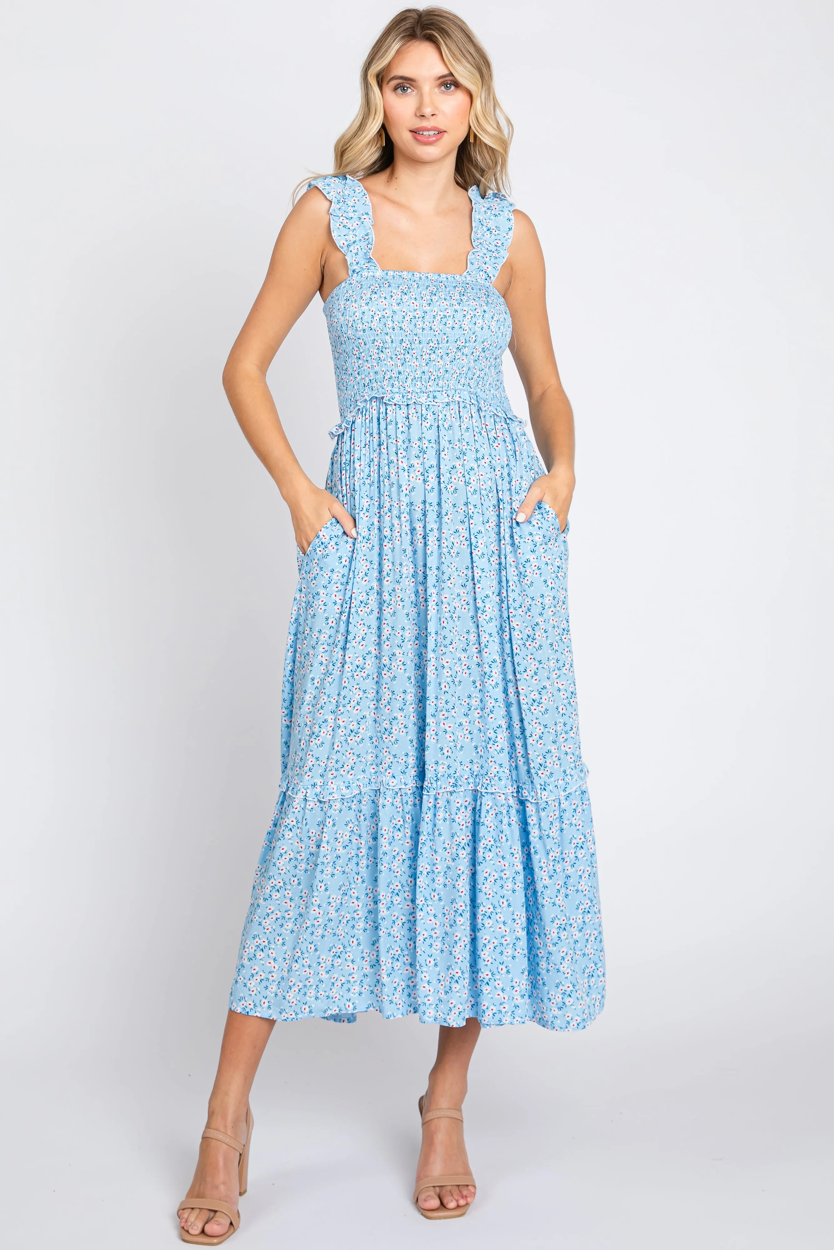 Light Blue Floral Sleeveless Smocked Ruffle Midi Dress sold by Pinkblush