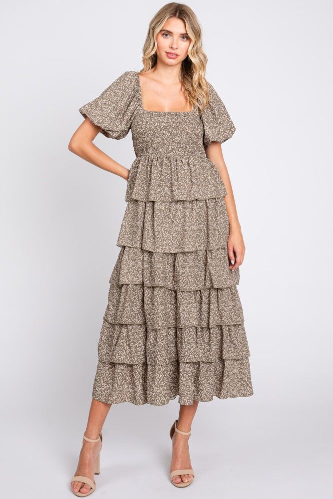 Olive Floral Flounce Tiered Midi Dress sold by Pinkblush