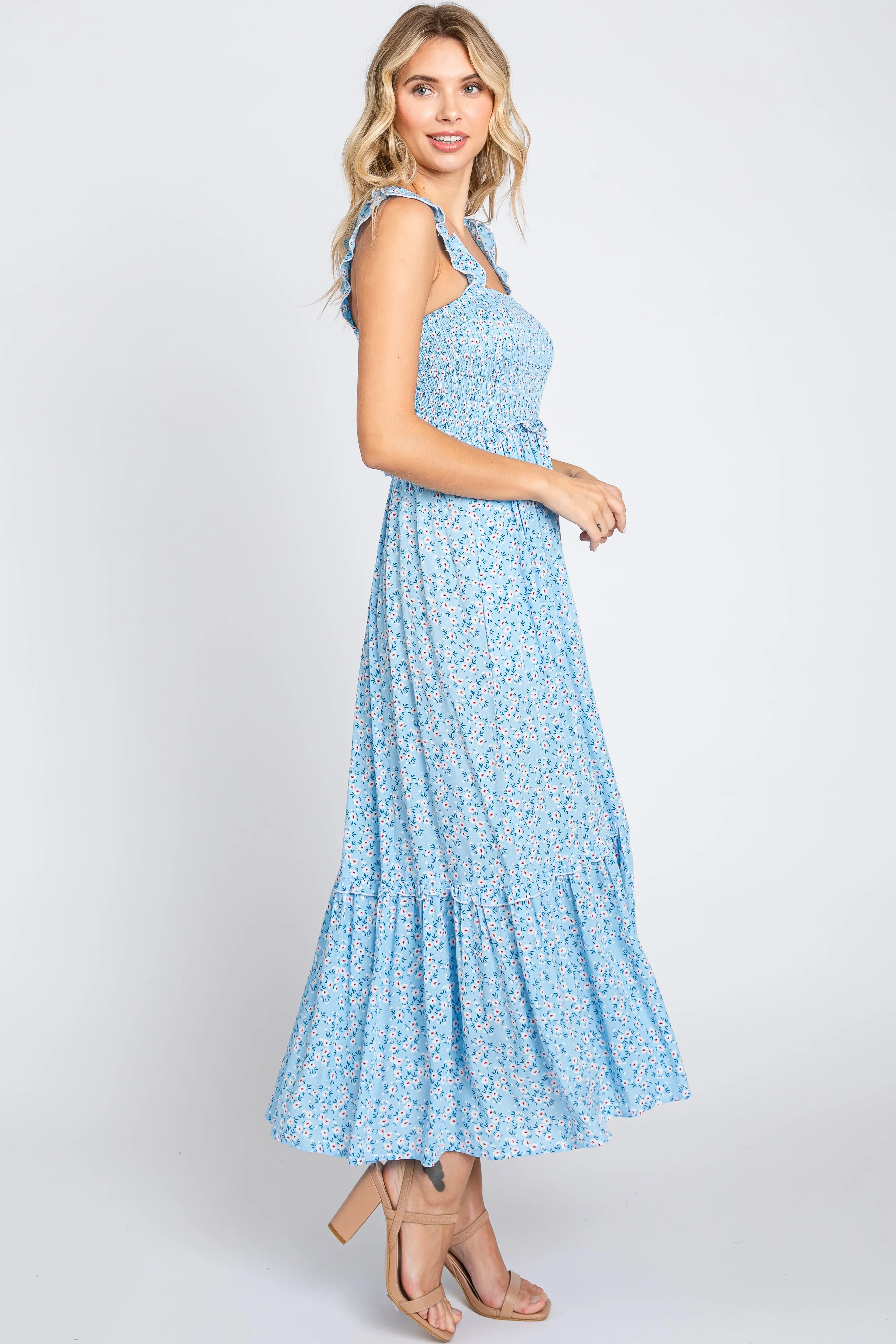 Light Blue Floral Sleeveless Smocked Ruffle Midi Dress sold by Pinkblush product image thumbnail 2