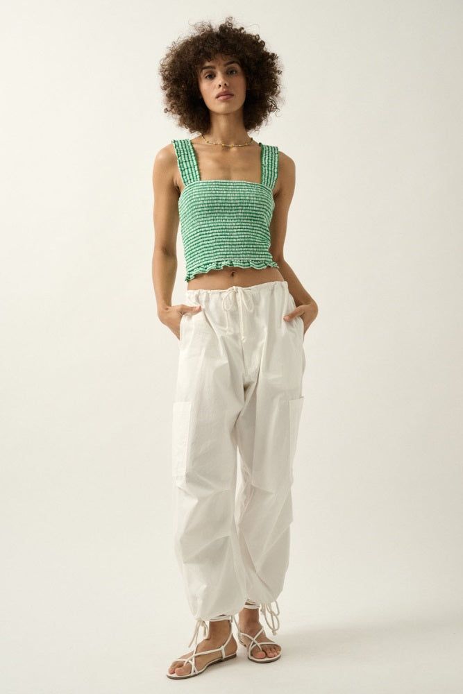 Green Smocked Striped Ruffled Cropped Cami Top sold by Pinkblush product image thumbnail 4