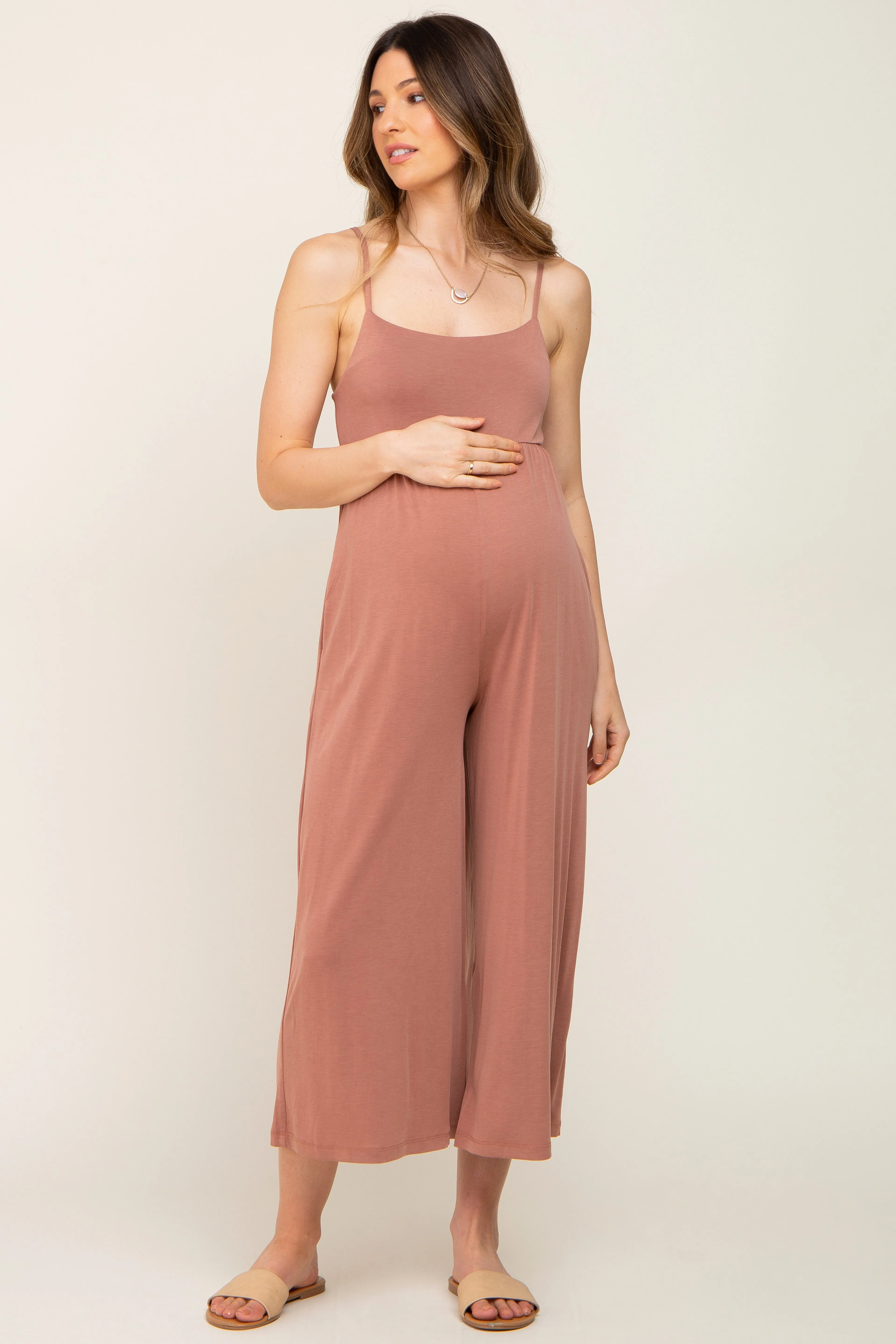 Mocha Square Neck Wide Leg Maternity Jumpsuit sold by Pinkblush