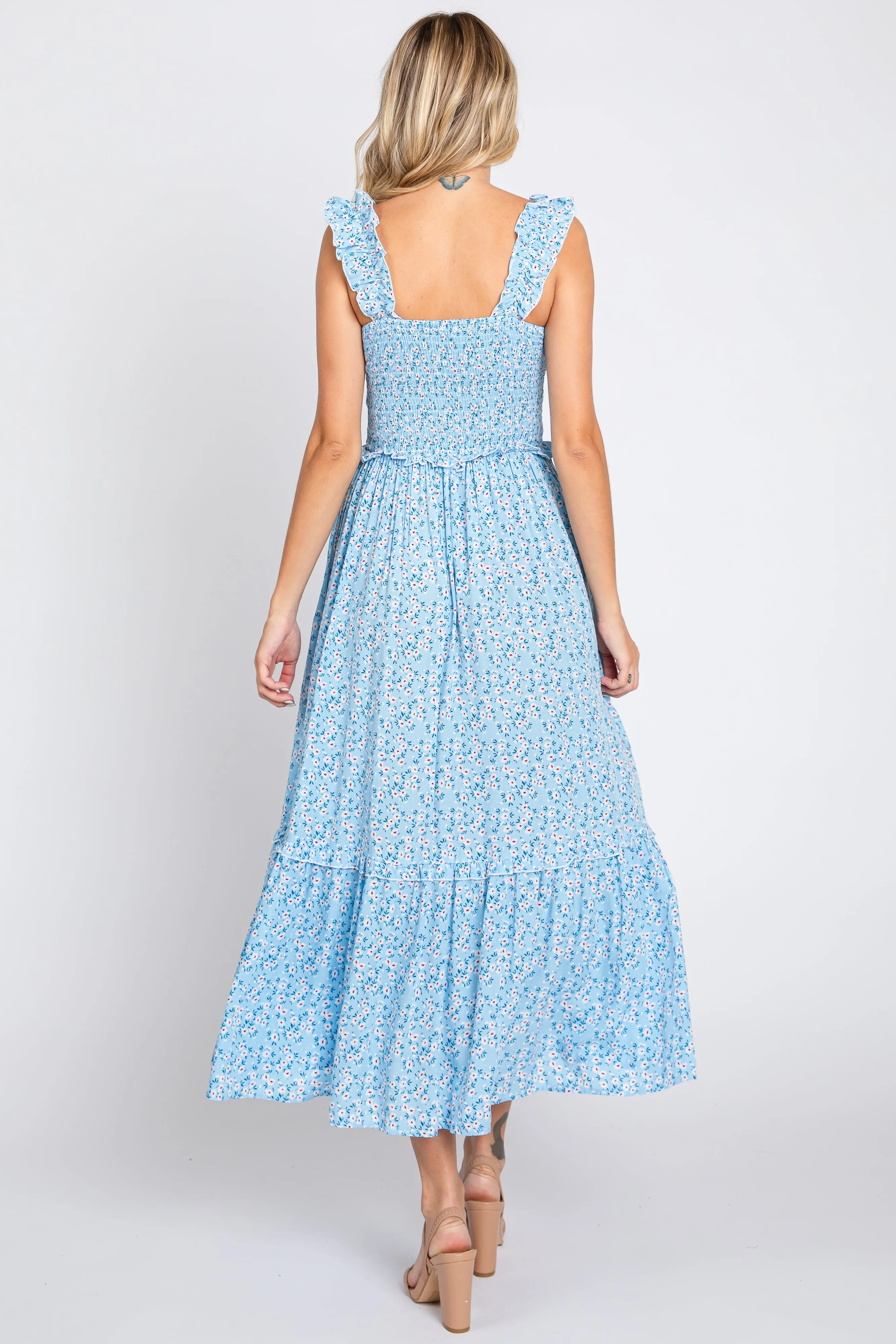 Light Blue Floral Sleeveless Smocked Ruffle Midi Dress sold by Pinkblush product image thumbnail 3