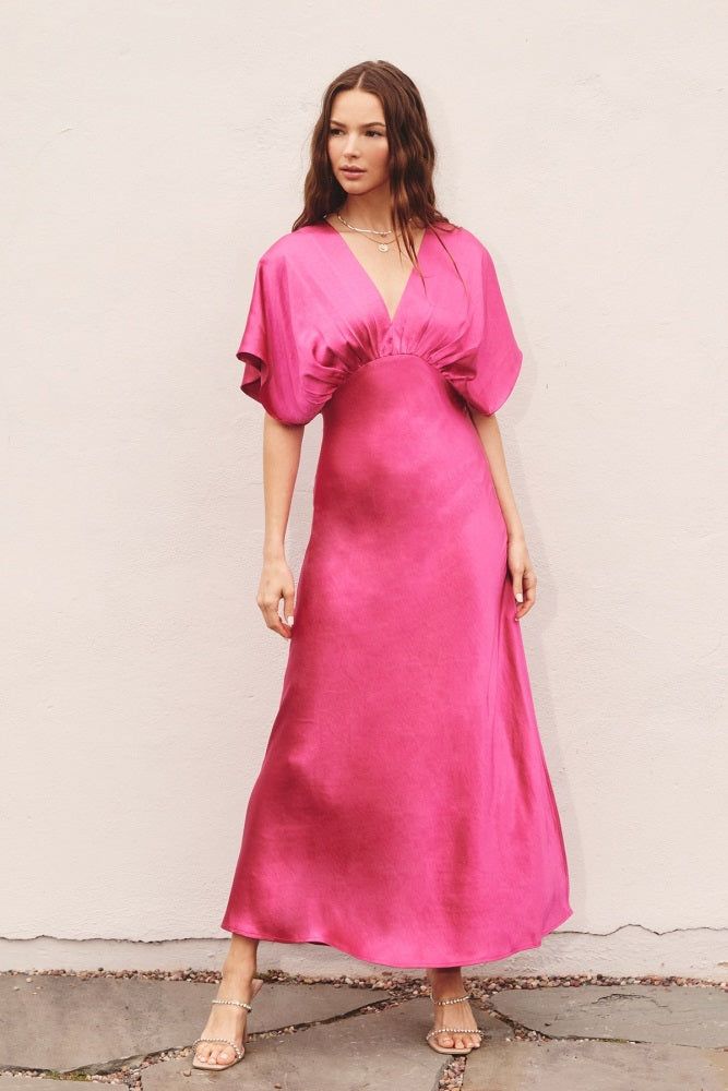 Pink Magenta Satin Blouson Maxi Dress sold by Pinkblush