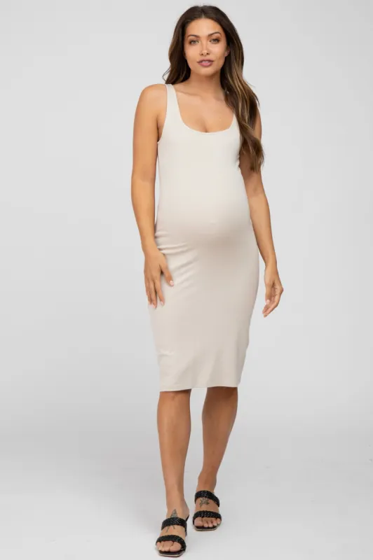 Beige Fitted Maternity Midi Tank Dress sold by Pinkblush