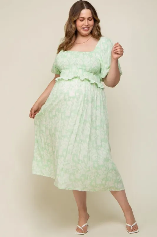 Lime Floral Smocked Maternity Plus Midi Dress sold by Pinkblush