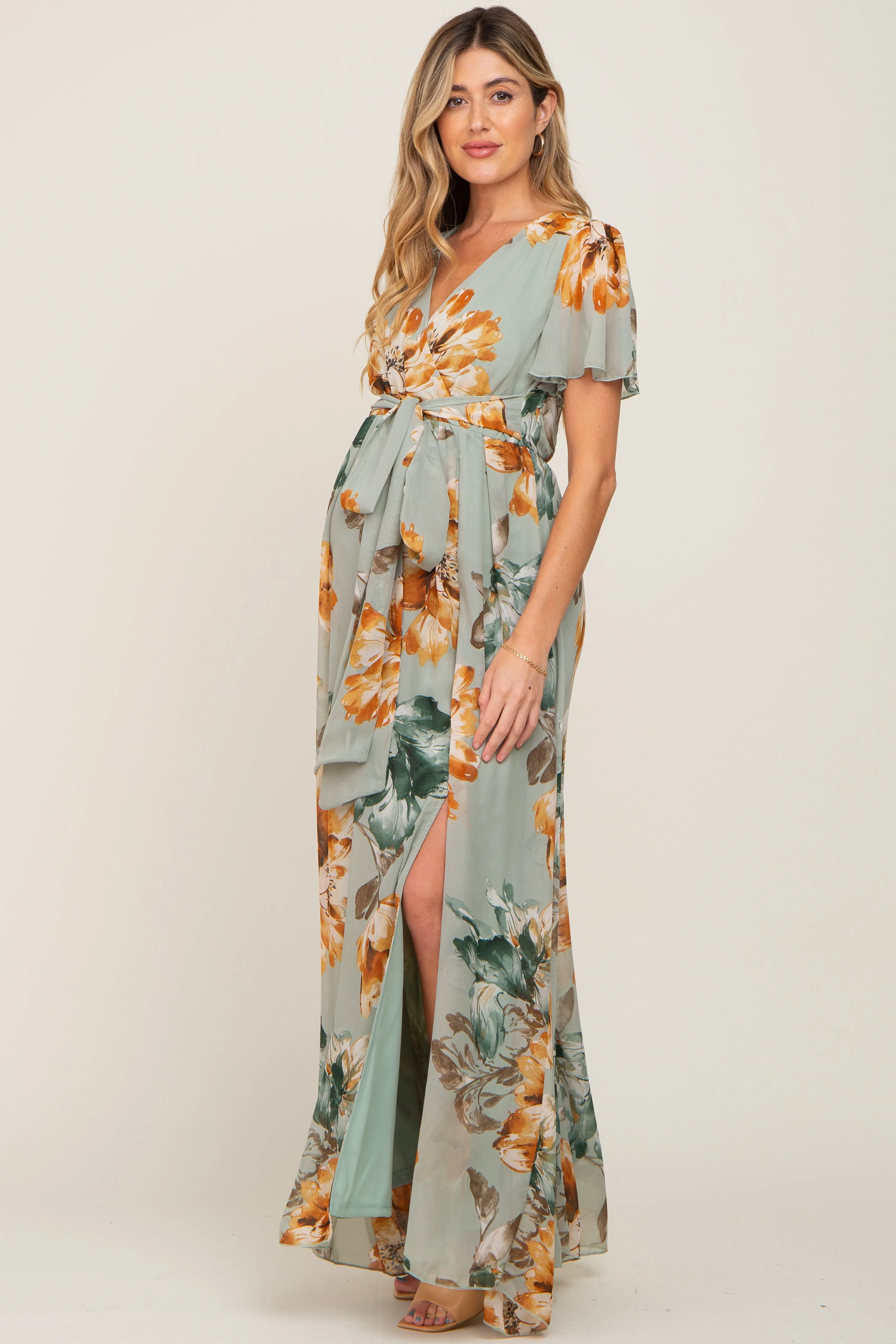 Sage Floral Chiffon Short Sleeve Maternity Maxi Dress sold by Pinkblush product image thumbnail 2