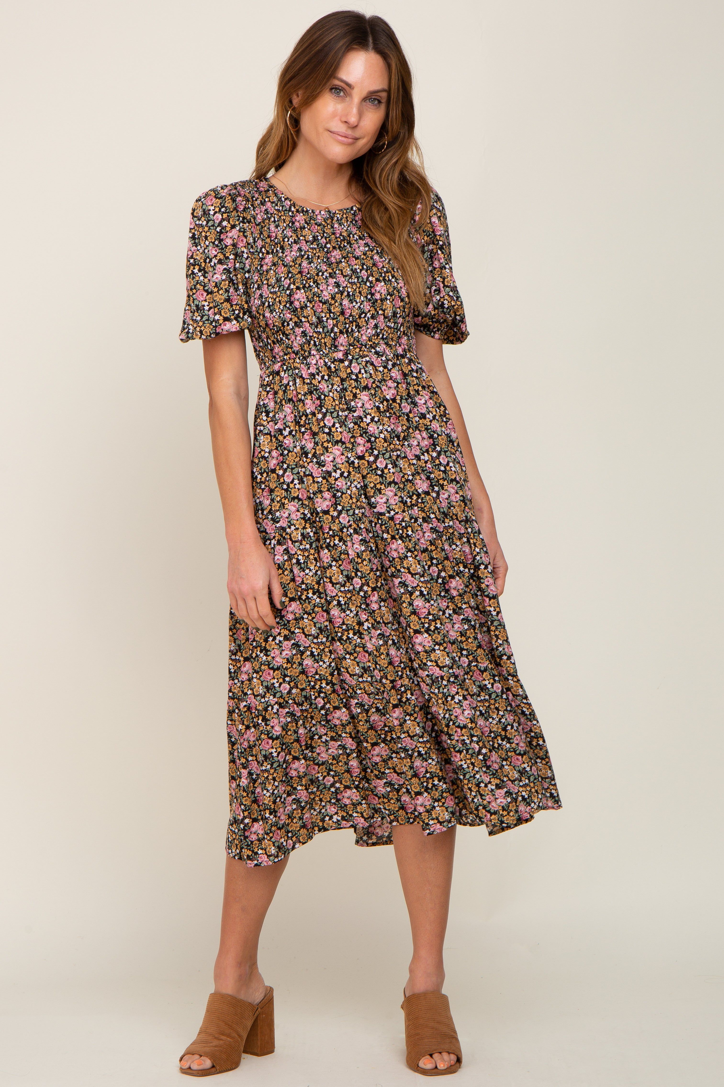 Multi-Color Floral Smocked Tiered Midi Dress sold by Pinkblush