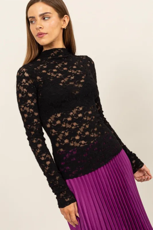 Black Long Sleeve Brushed Lace High Neck Top sold by Pinkblush