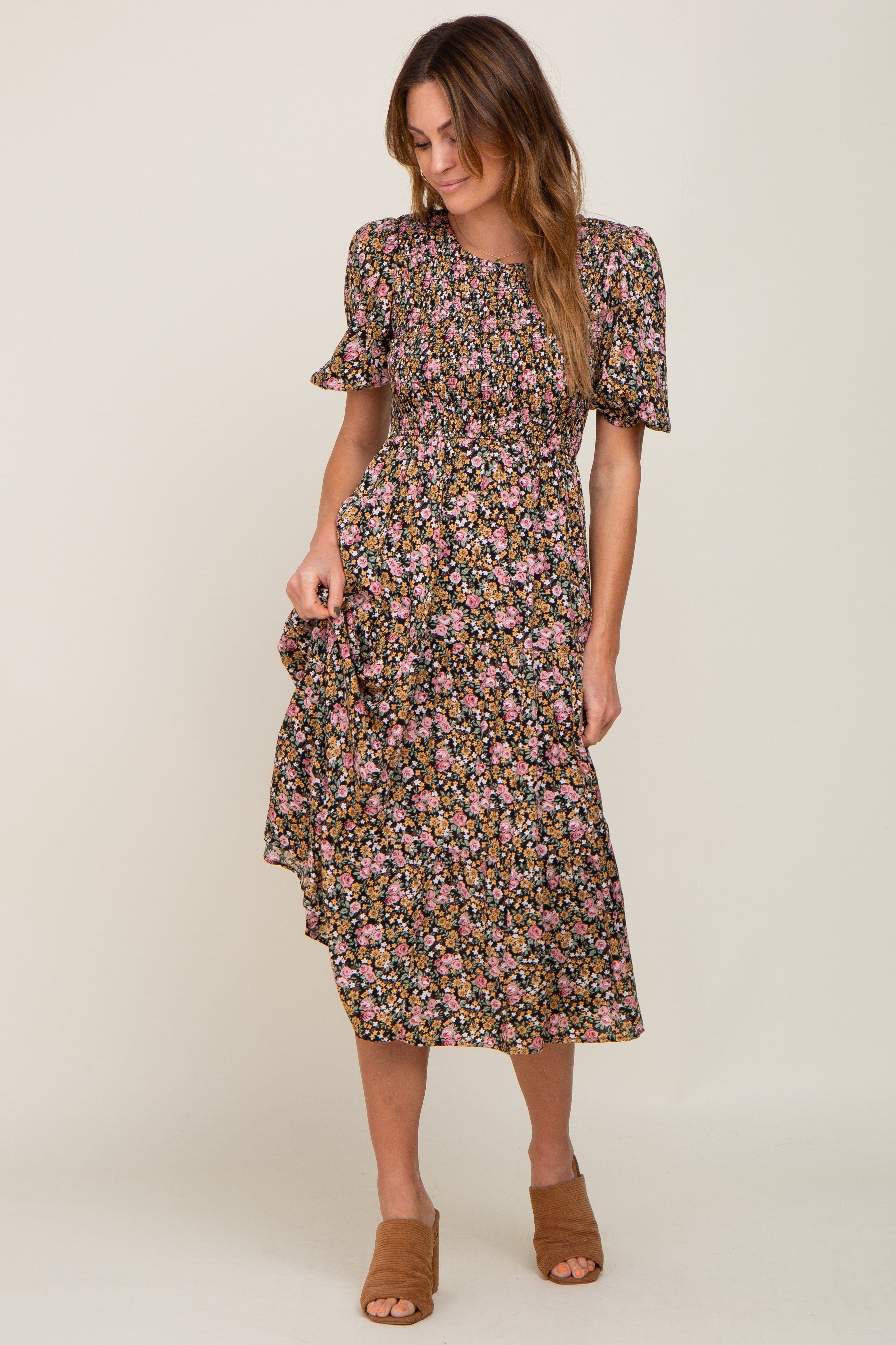 Multi-Color Floral Smocked Tiered Midi Dress sold by Pinkblush product image thumbnail 5