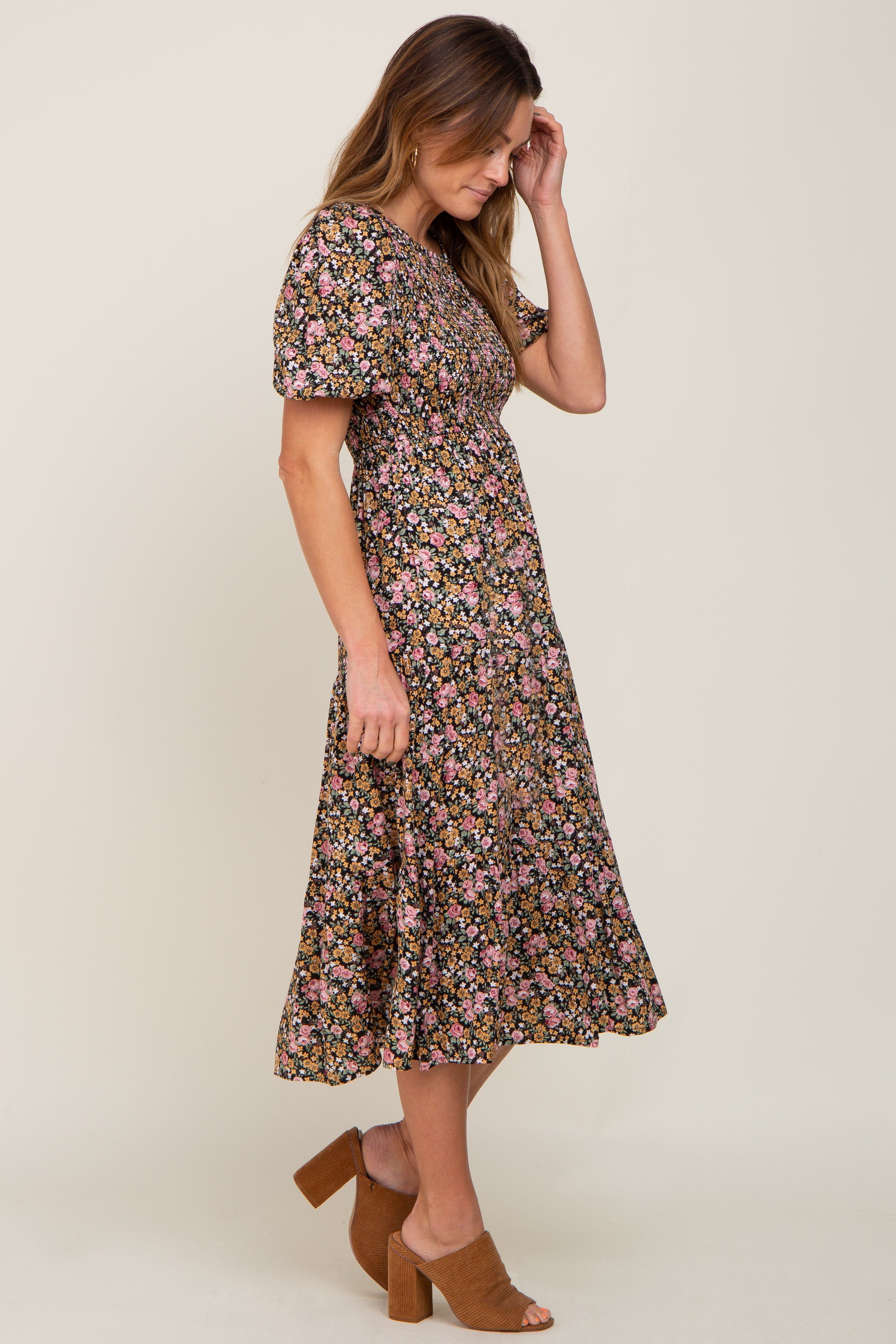 Multi-Color Floral Smocked Tiered Midi Dress sold by Pinkblush product image thumbnail 2