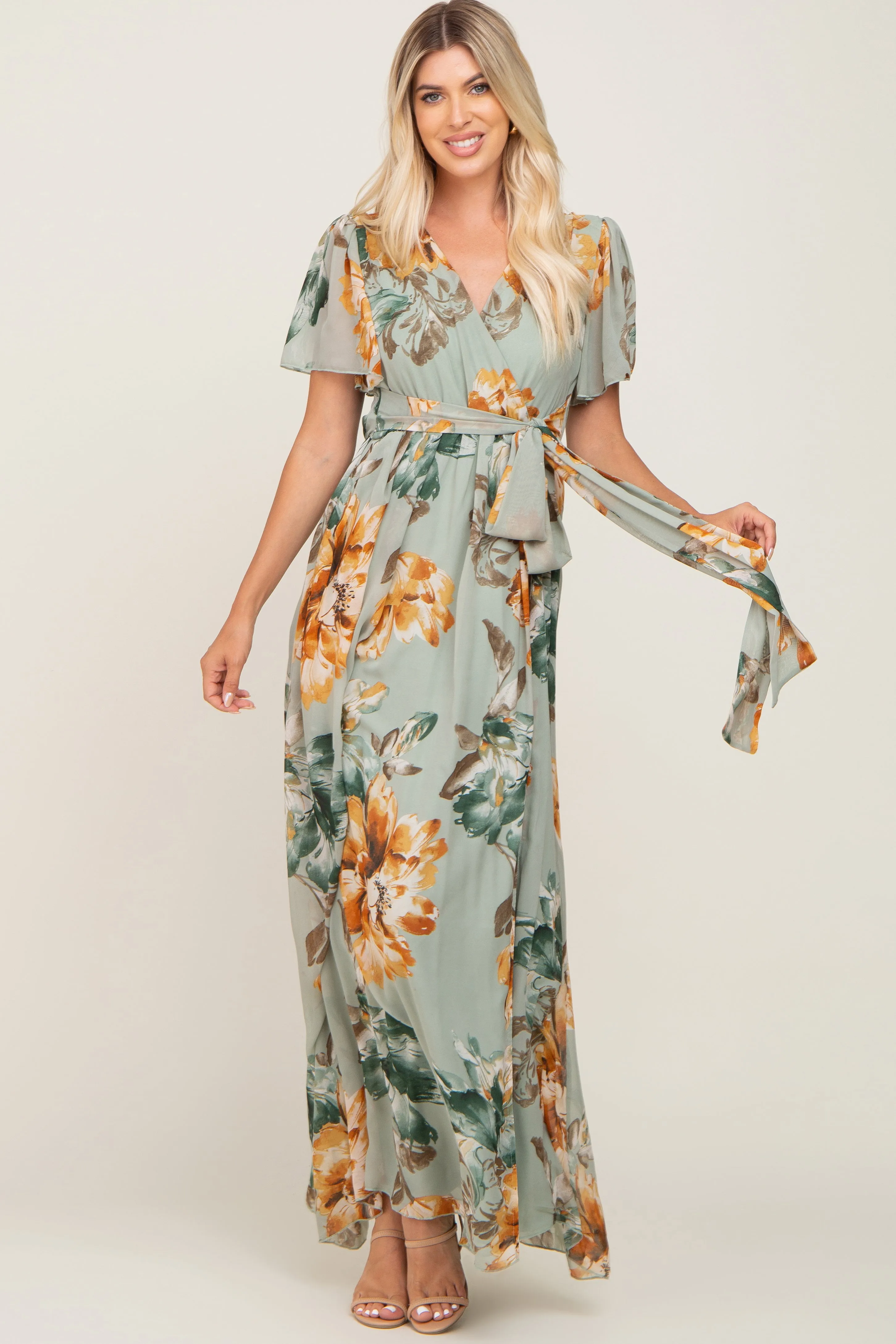 Sage Floral Chiffon Short Sleeve Maternity Maxi Dress sold by Pinkblush product image thumbnail 4