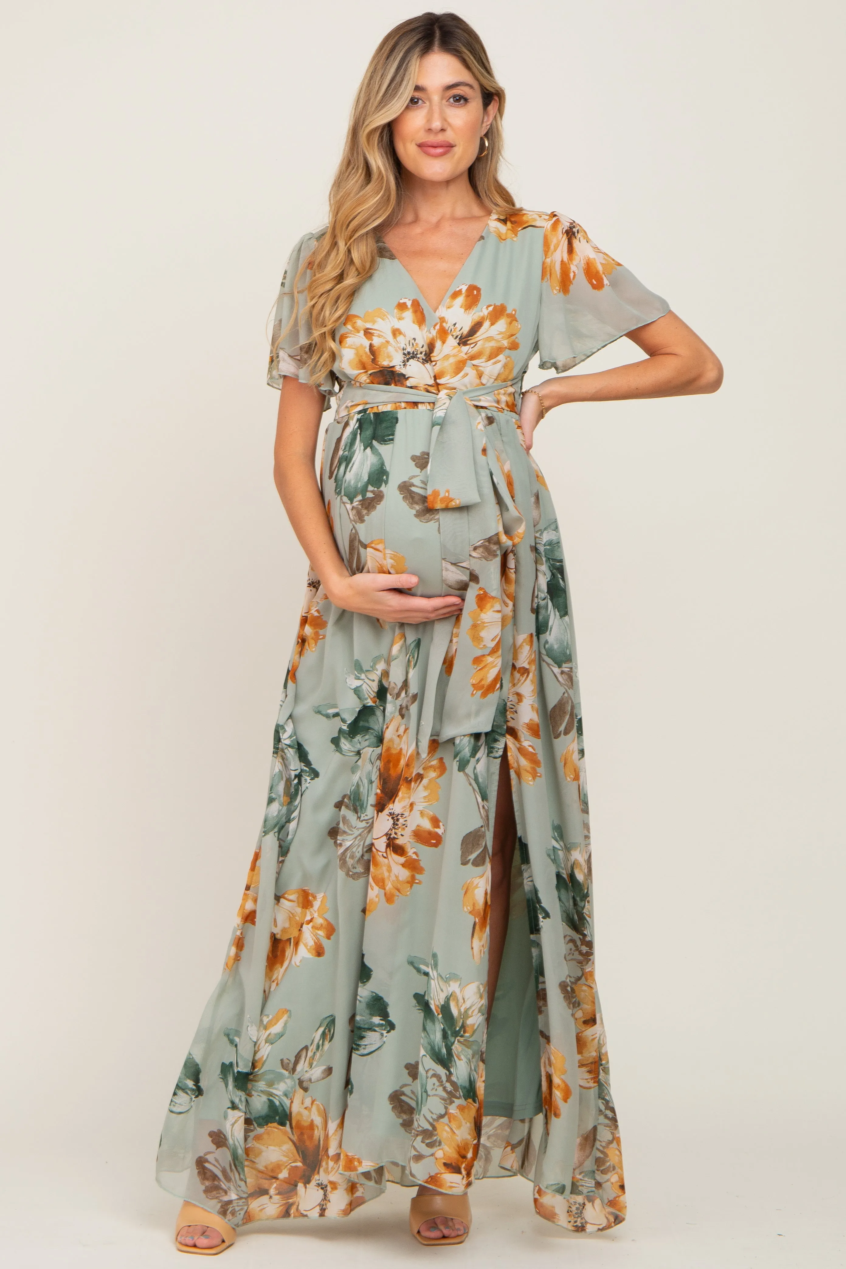 Sage Floral Chiffon Short Sleeve Maternity Maxi Dress sold by Pinkblush