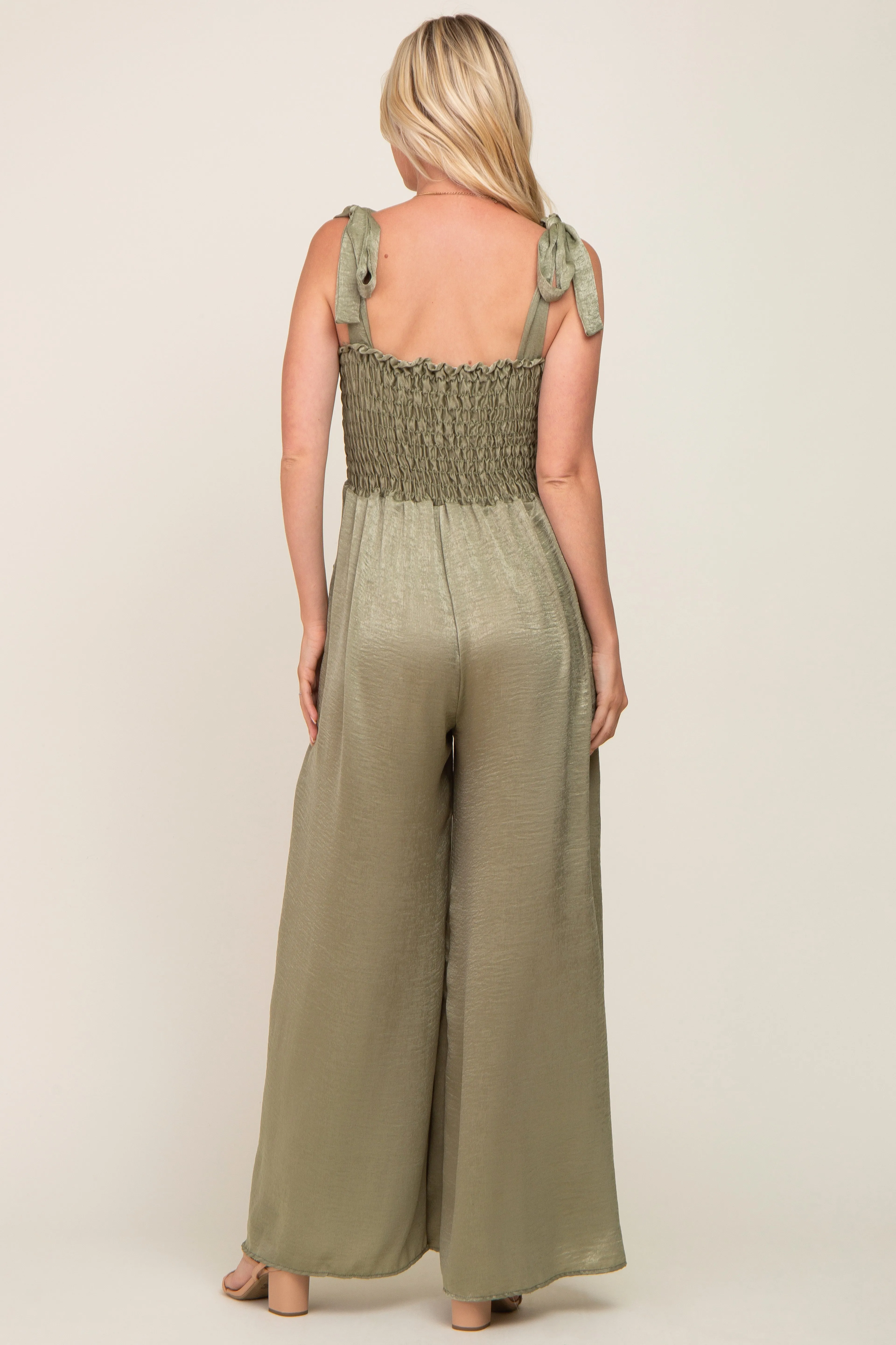 Olive Satin Smocked Square Neck Shoulder Tie Jumpsuit sold by Pinkblush product image thumbnail 3