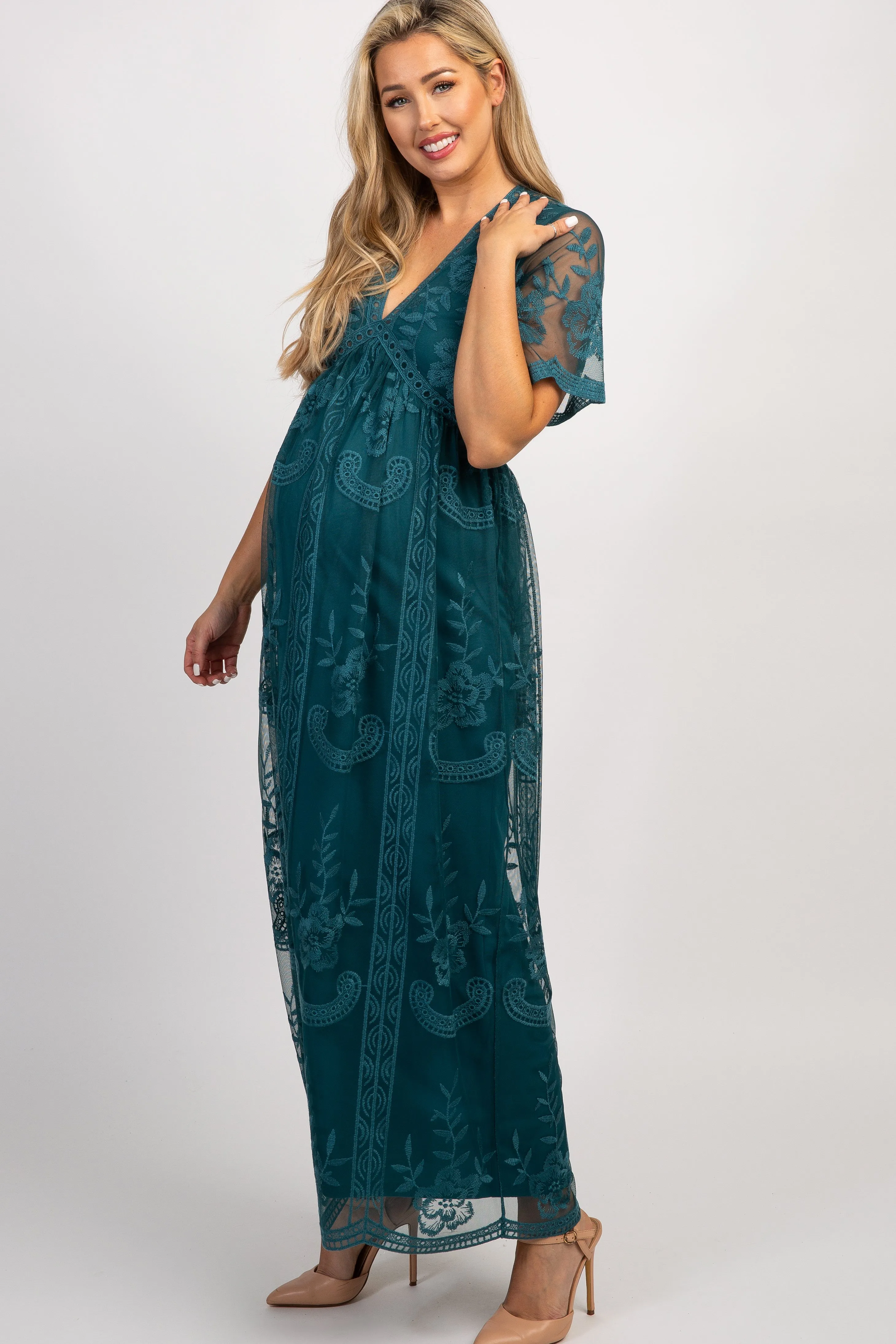 Dark Turquoise Lace Mesh Overlay Maternity Maxi Dress sold by Pinkblush product image thumbnail 2