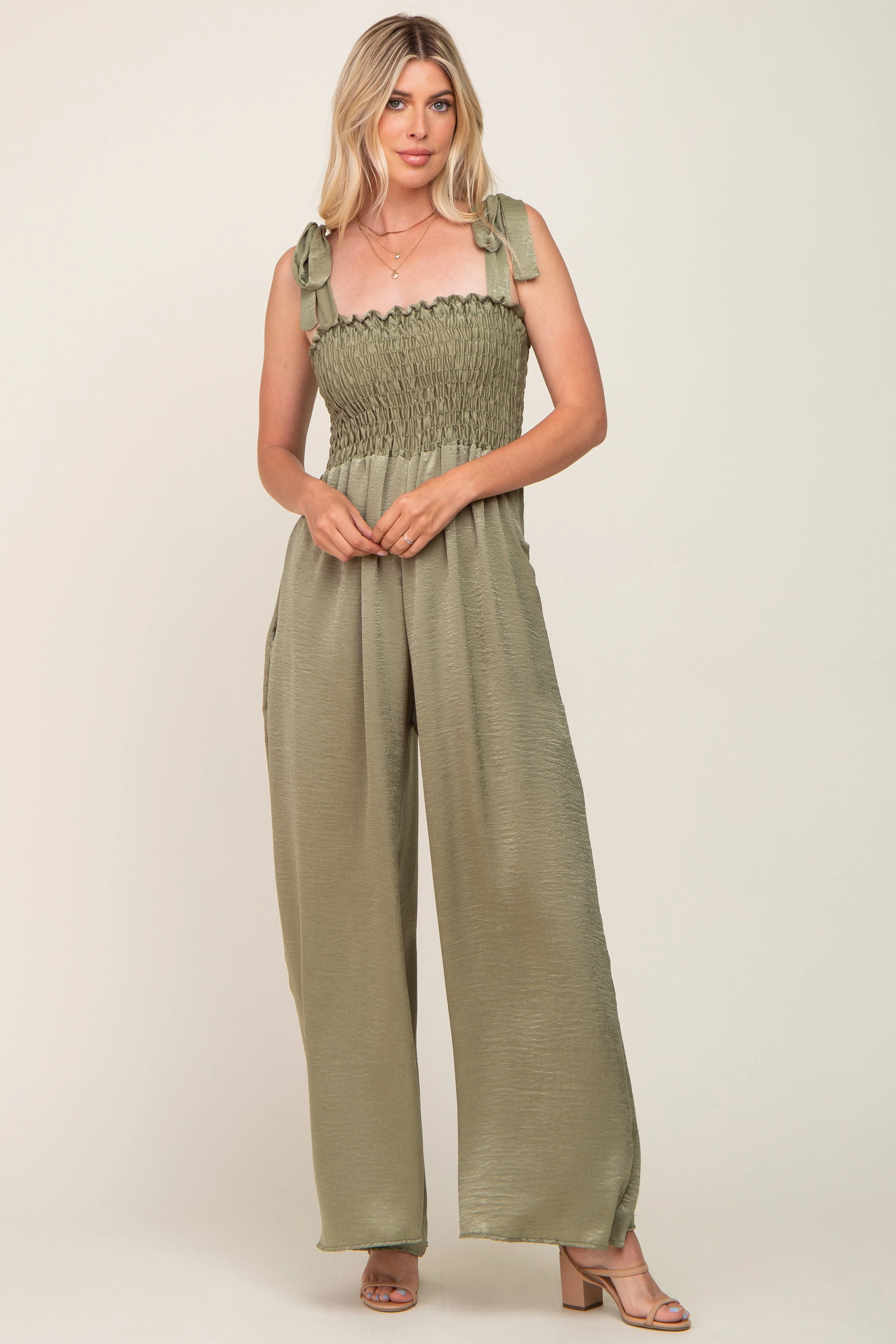 Olive Satin Smocked Square Neck Shoulder Tie Jumpsuit sold by Pinkblush product image thumbnail 4
