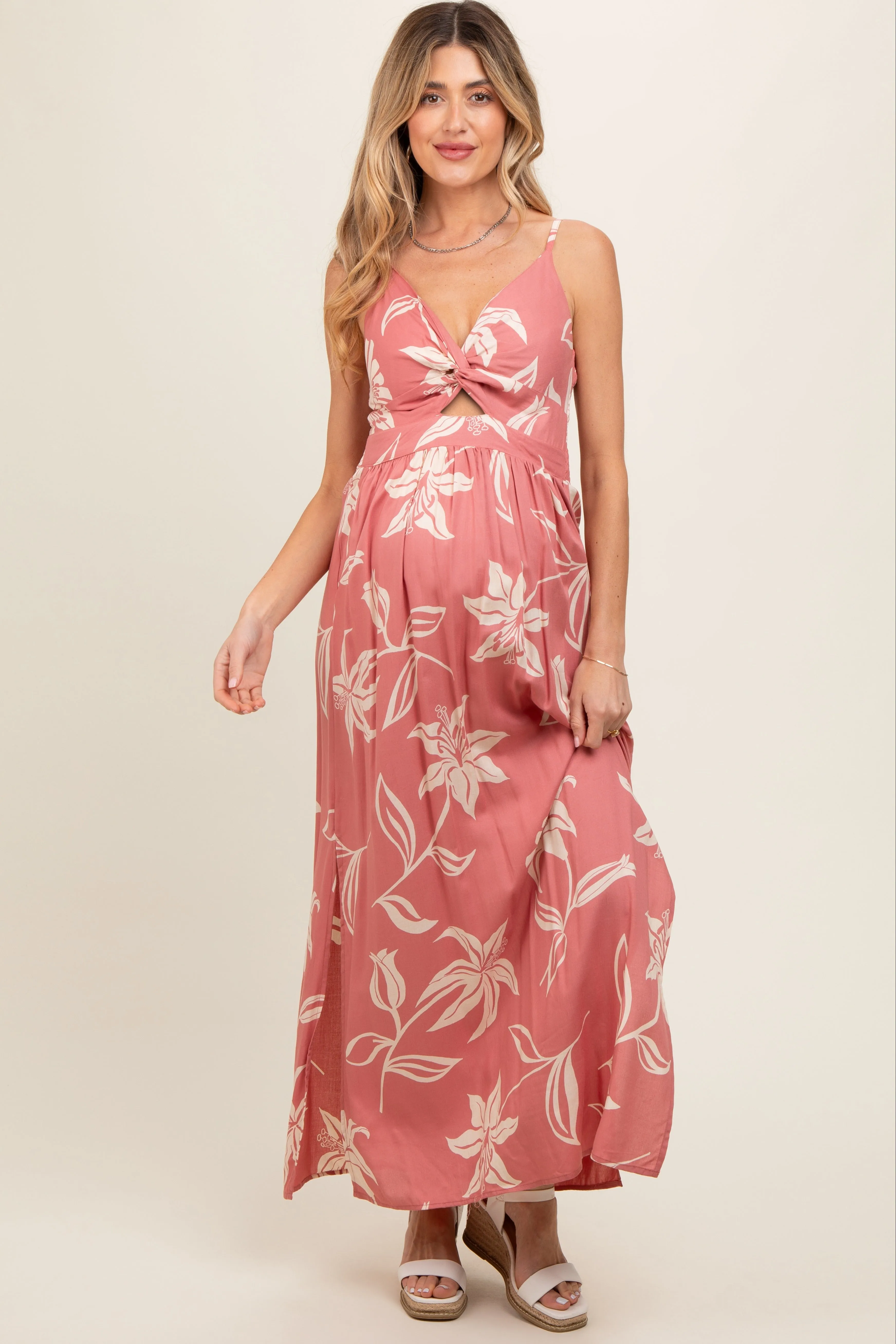 Mauve Floral Sleeveless Knotted Maternity Maxi Dress sold by Pinkblush