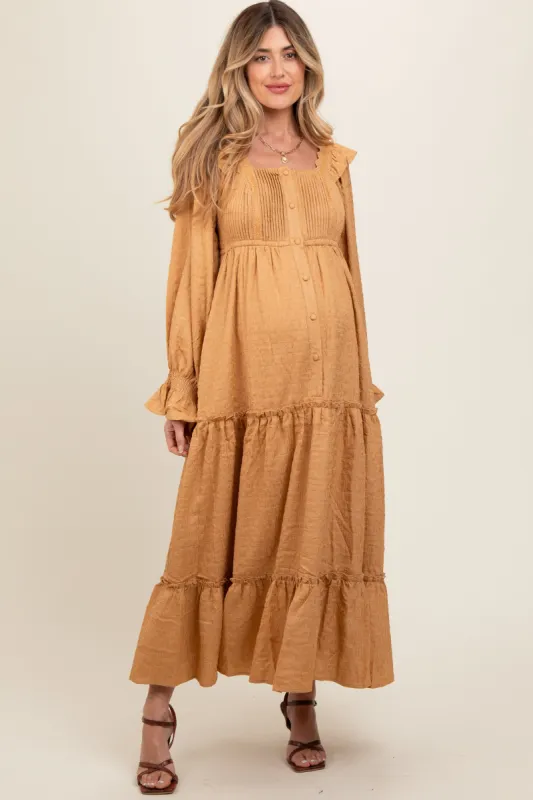 Camel Button Pleated Front Square Neck Ruffle Tiered Maternity Maxi Dress sold by Pinkblush