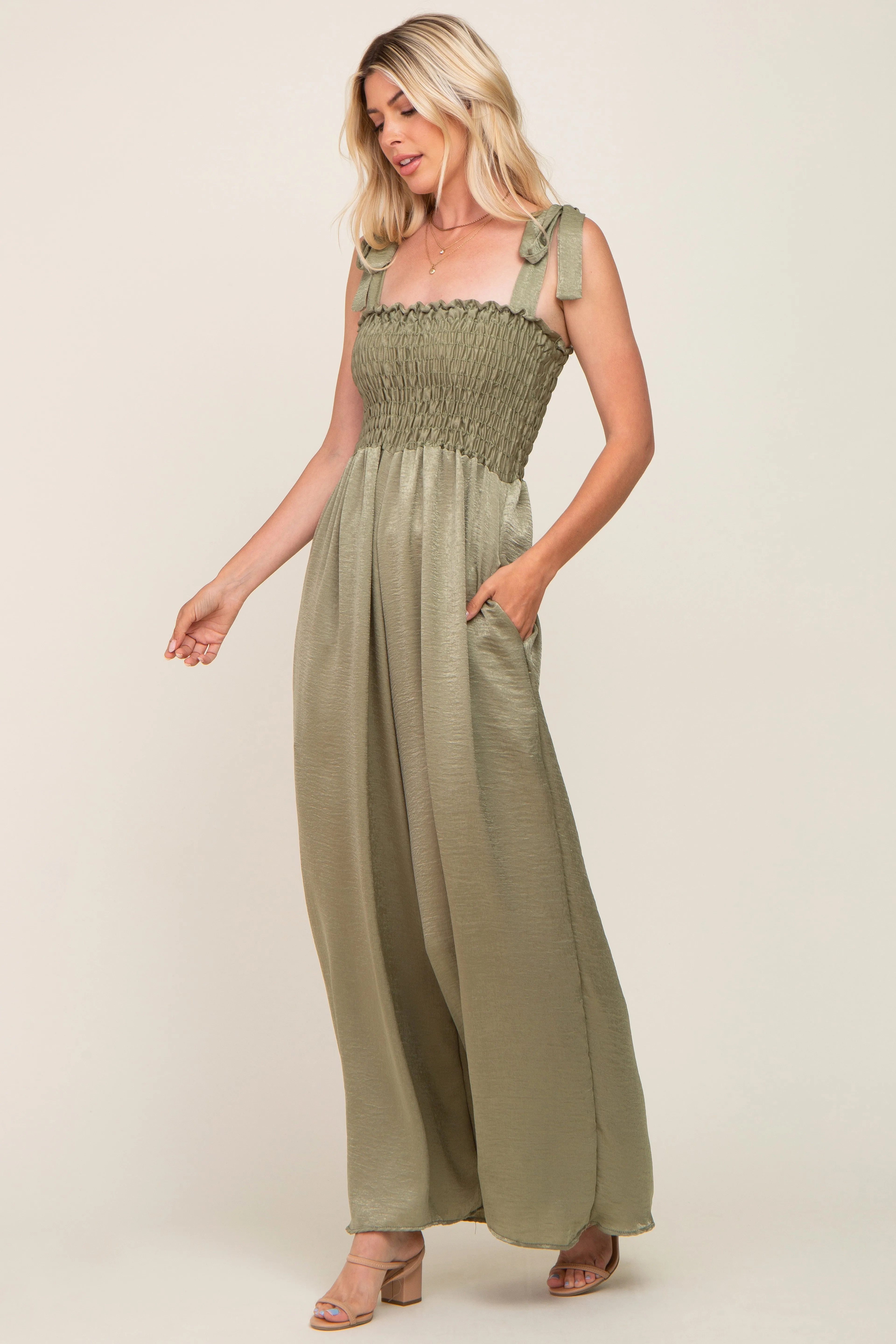 Olive Satin Smocked Square Neck Shoulder Tie Jumpsuit sold by Pinkblush product image thumbnail 2