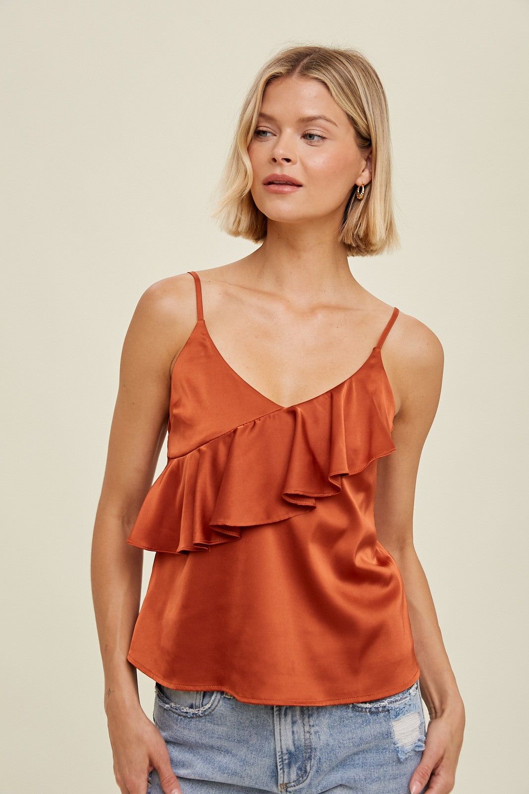 Copper Satin Cami With Asymmetrical Ruffle Detail sold by Pinkblush