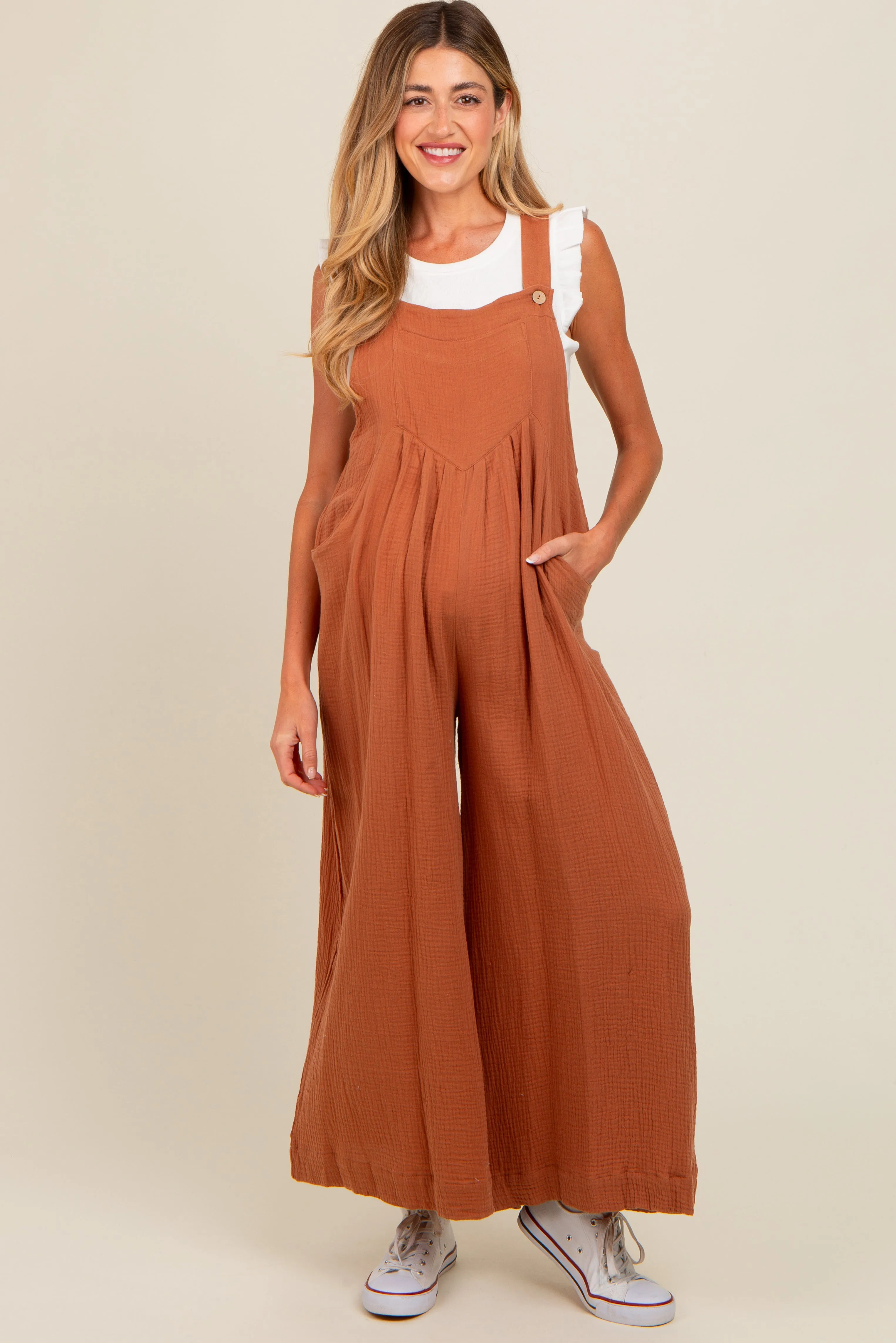 Mocha Pocket Front Maternity Wide Leg Jumpsuit sold by Pinkblush