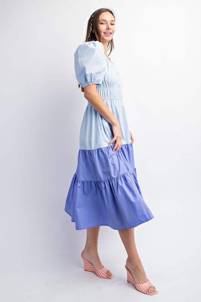Sky Blue Puff Sleeve Color Block Poplin Maxi Dress sold by Pinkblush product image thumbnail 2