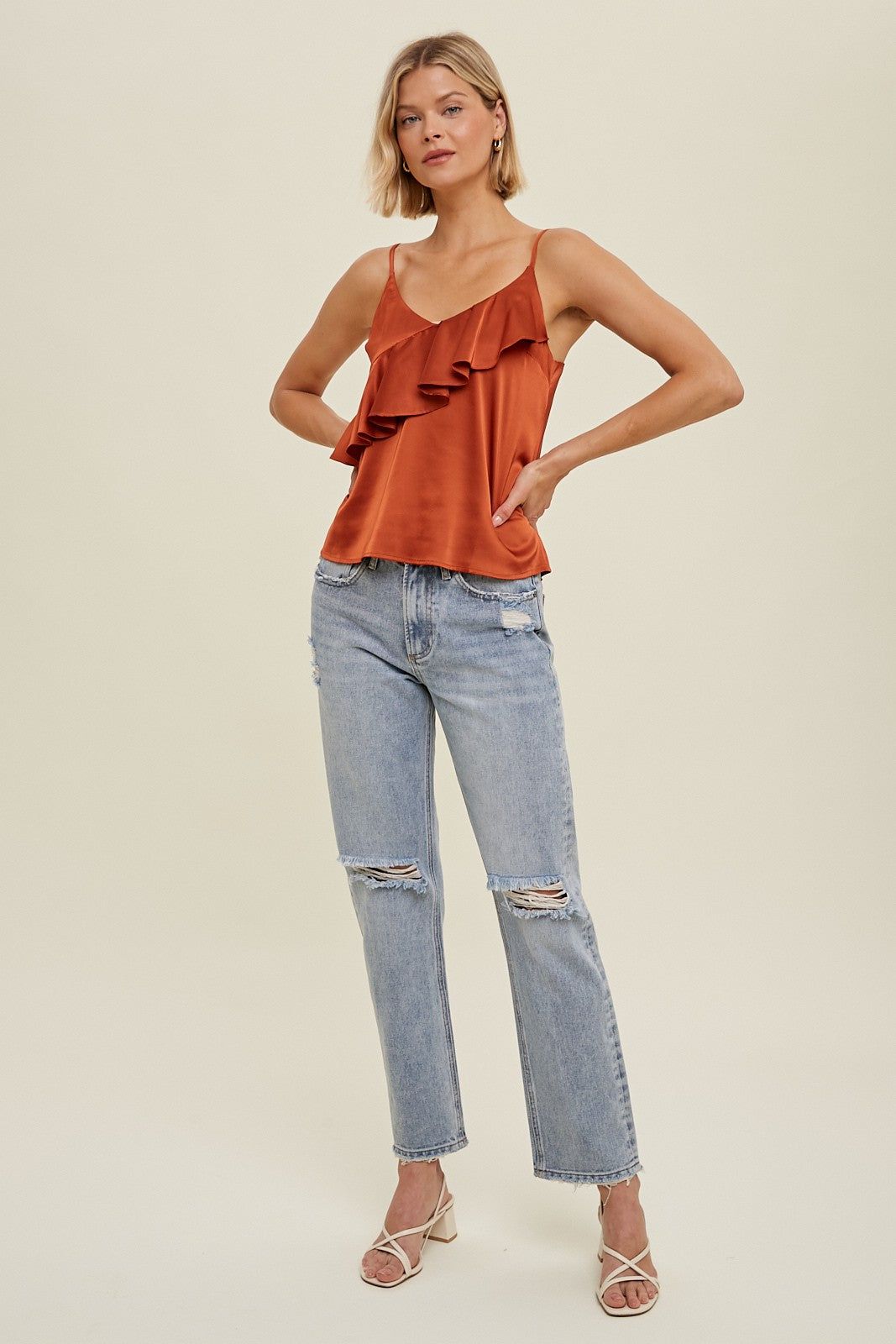 Copper Satin Cami With Asymmetrical Ruffle Detail sold by Pinkblush product image thumbnail 2